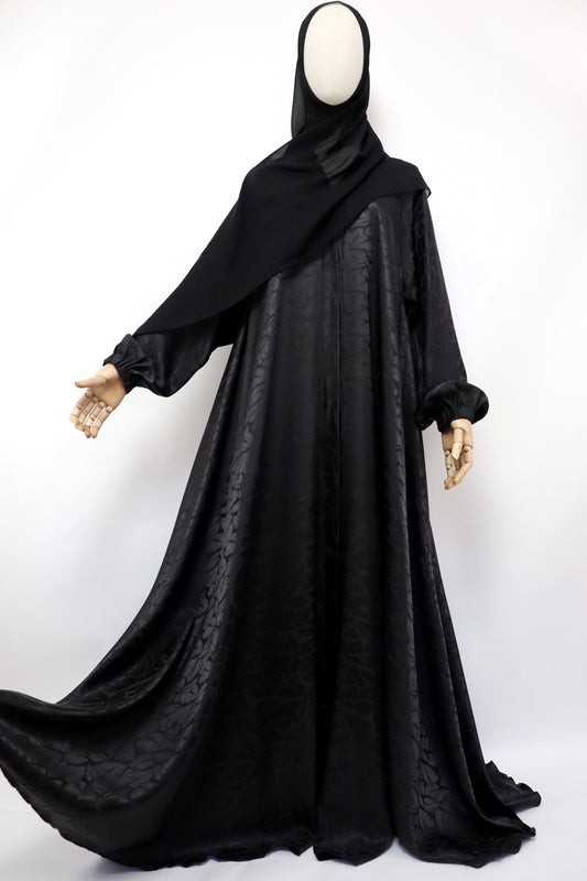 Open Flare Satin Jaquard Cuffed Umbrella Abaya - Blackish Brown