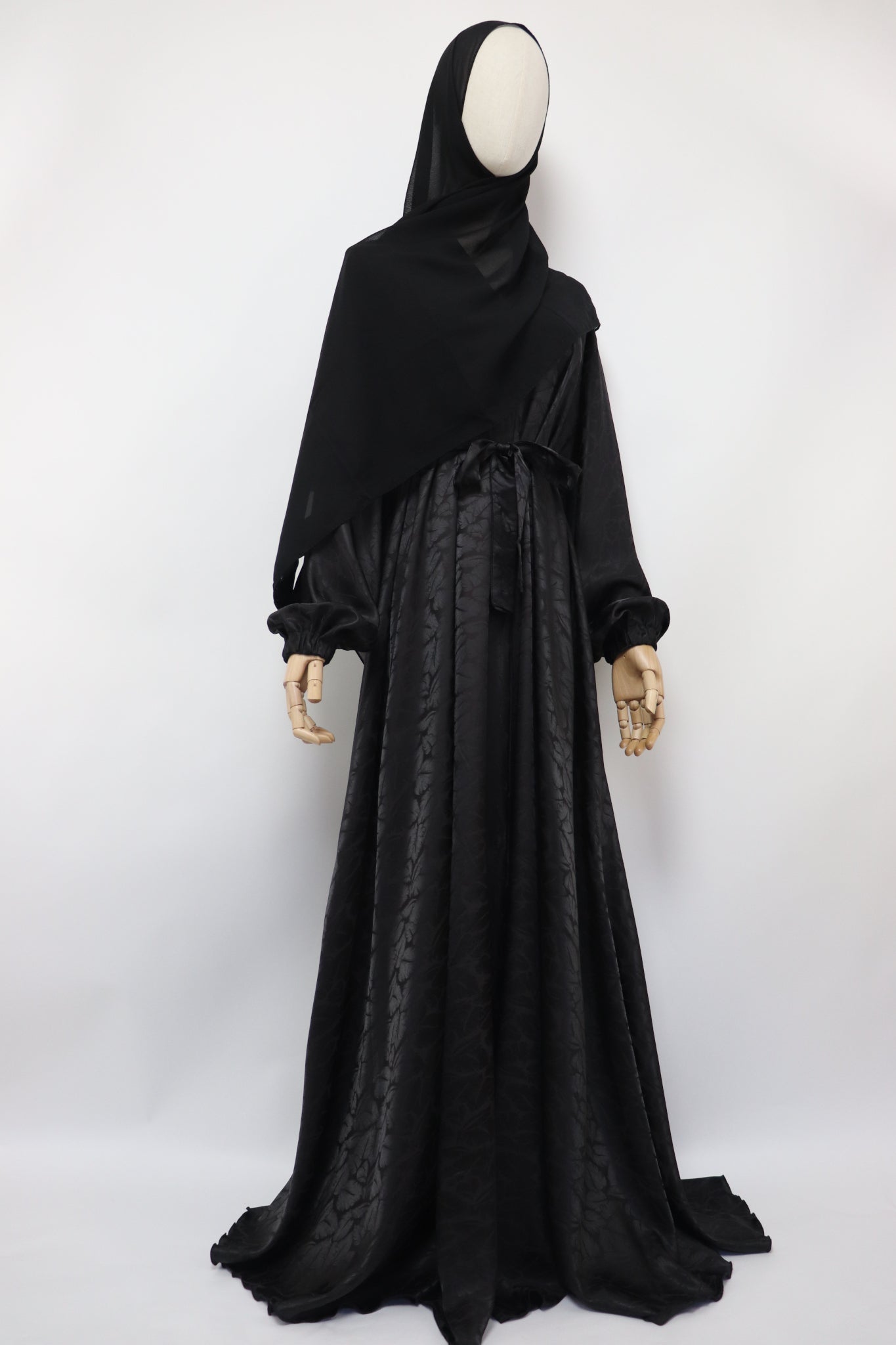 Open Flare Satin Jaquard Cuffed Umbrella Abaya - Blackish Brown