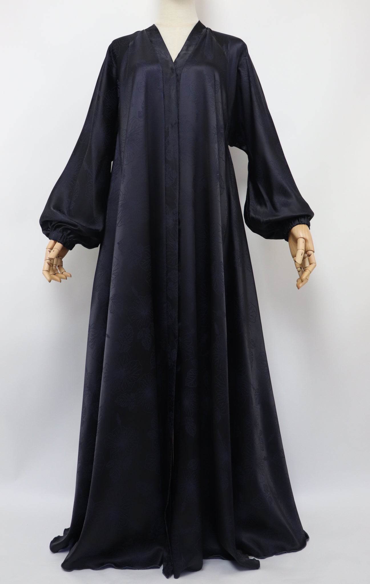 Open Flare Satin Jaquard Cuffed Umbrella Abaya - Dark Navy