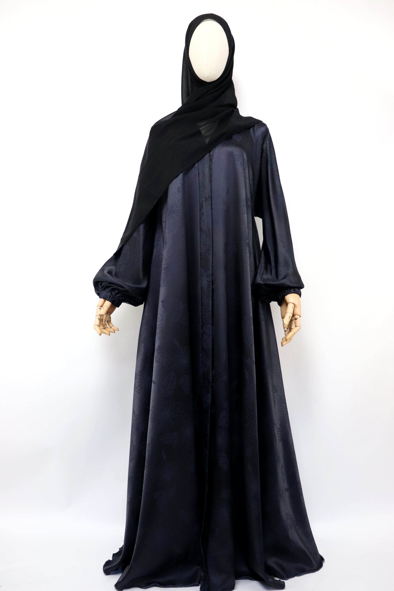 Open Flare Satin Jaquard Cuffed Umbrella Abaya - Dark Navy