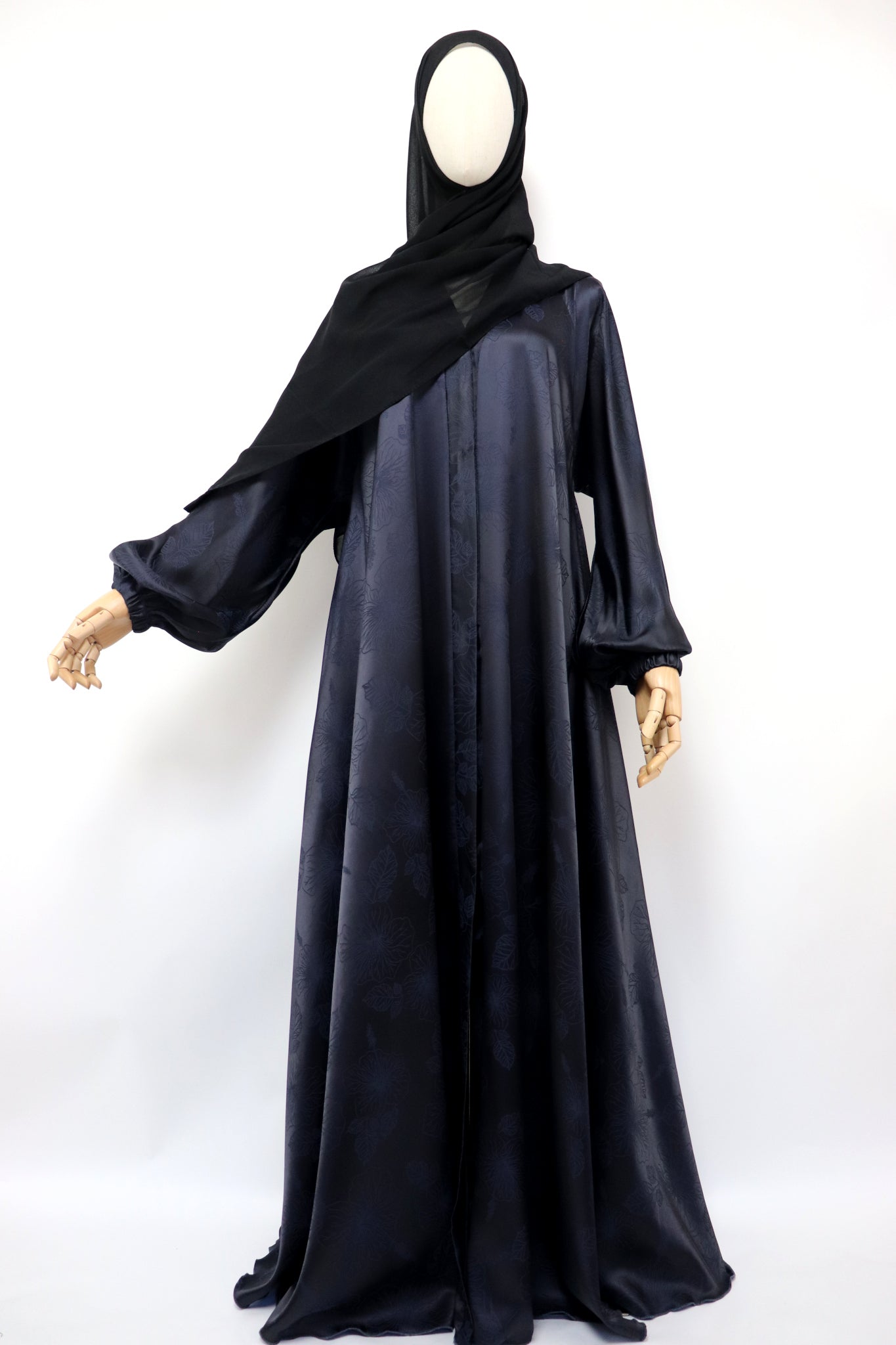 Open Flare Satin Jaquard Cuffed Umbrella Abaya - Dark Navy