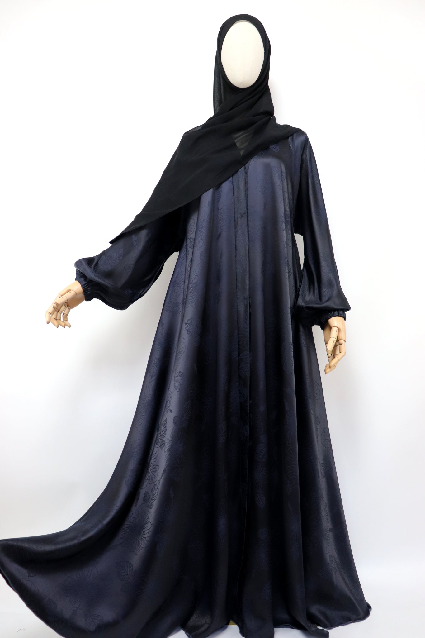 Open Flare Satin Jaquard Cuffed Umbrella Abaya - Dark Navy