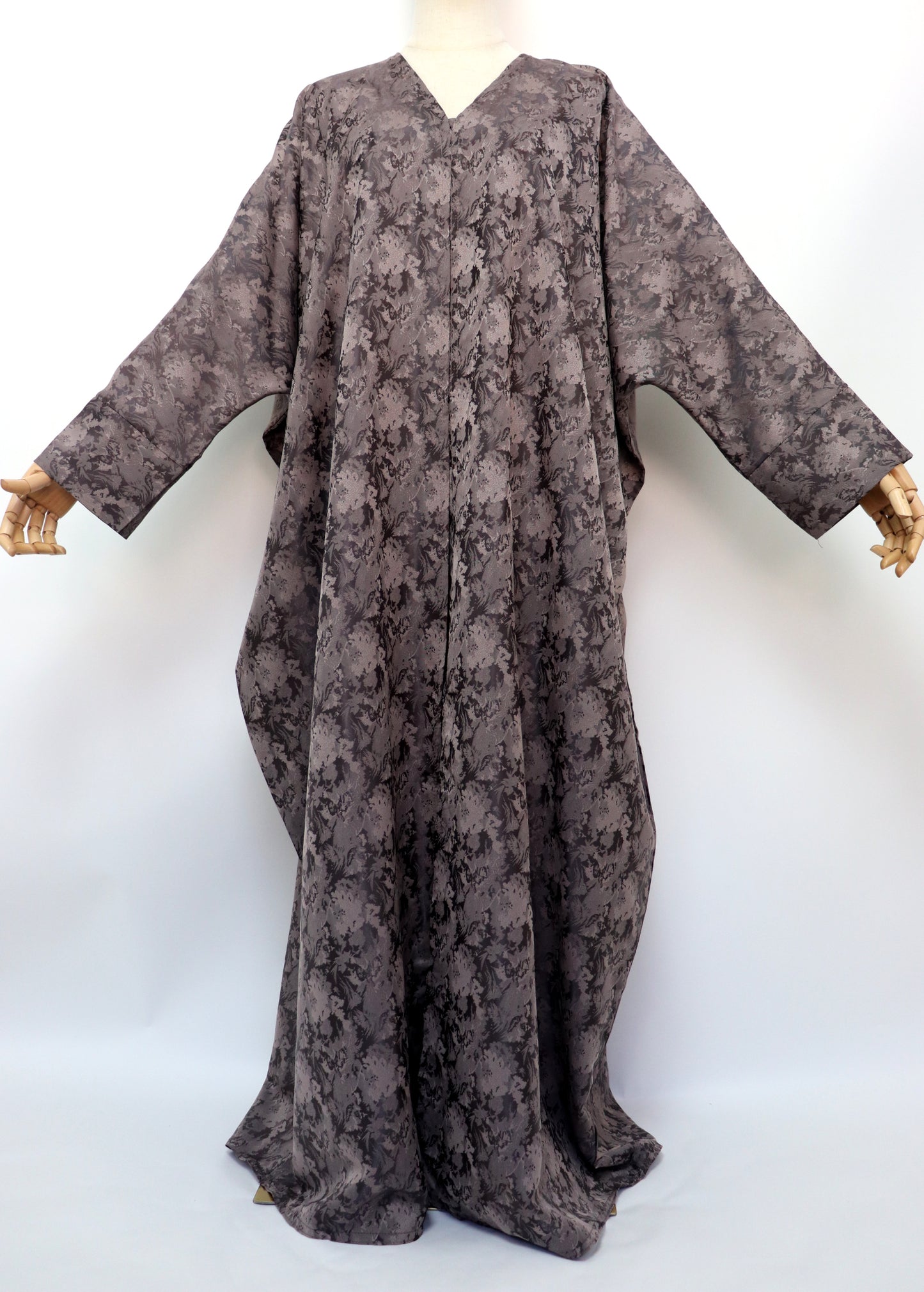 Open Bisht Batwing Satin Jacquard Abaya - Deep Taupe