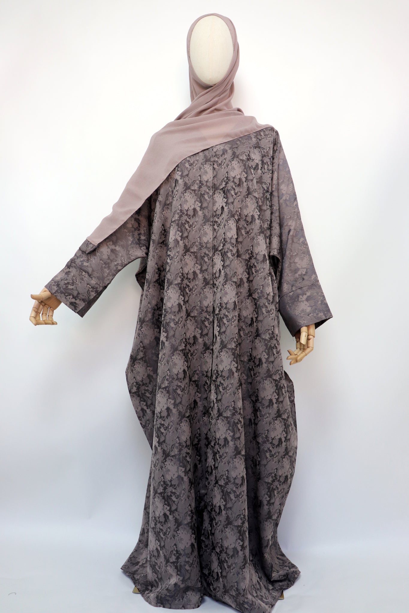 Open Bisht Batwing Satin Jacquard Abaya - Deep Taupe