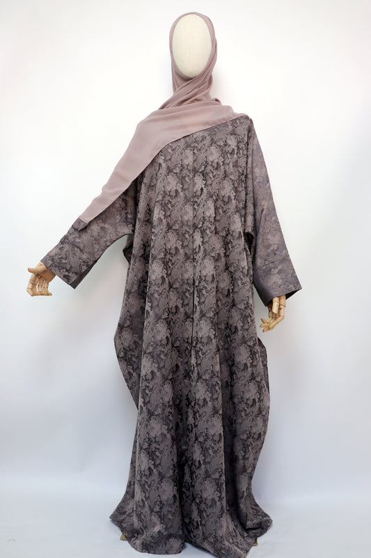 Open Bisht Batwing Satin Jacquard Abaya - Deep Taupe