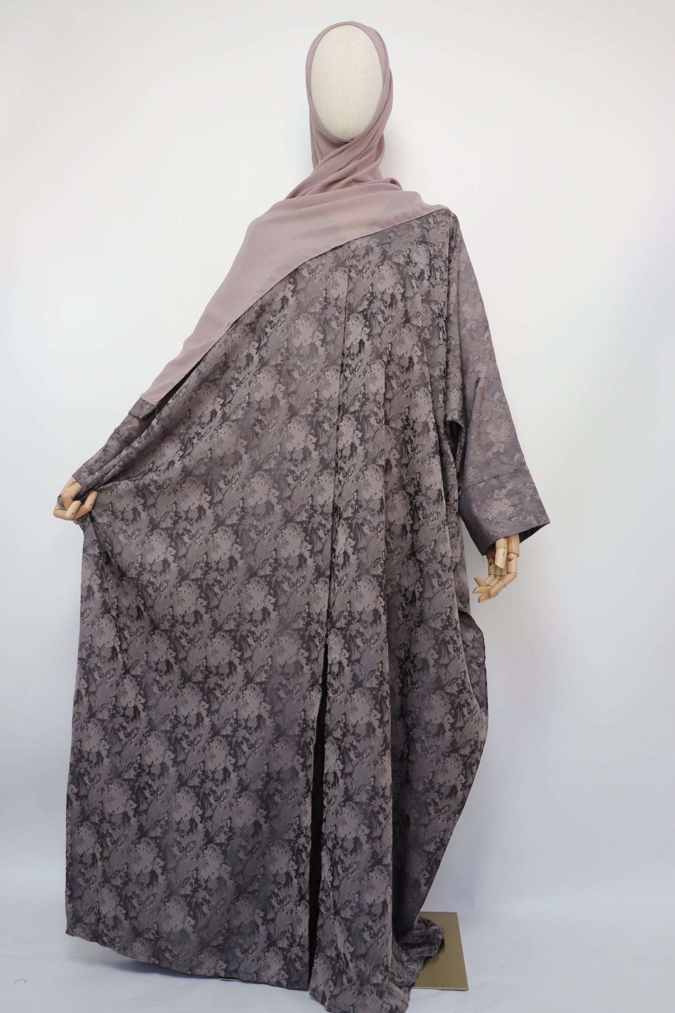 Open Bisht Batwing Satin Jacquard Abaya - Deep Taupe