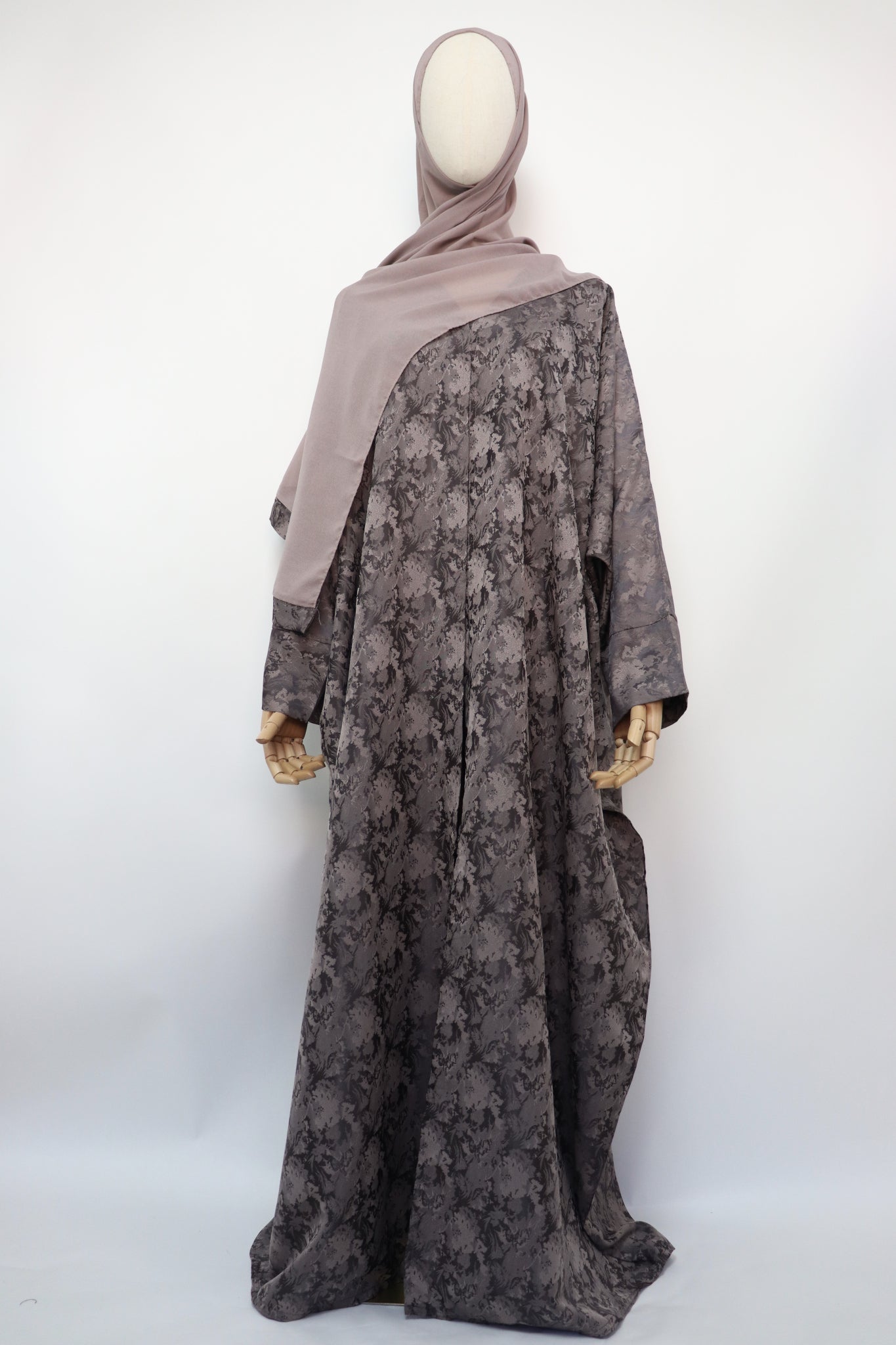 Open Bisht Batwing Satin Jacquard Abaya - Deep Taupe