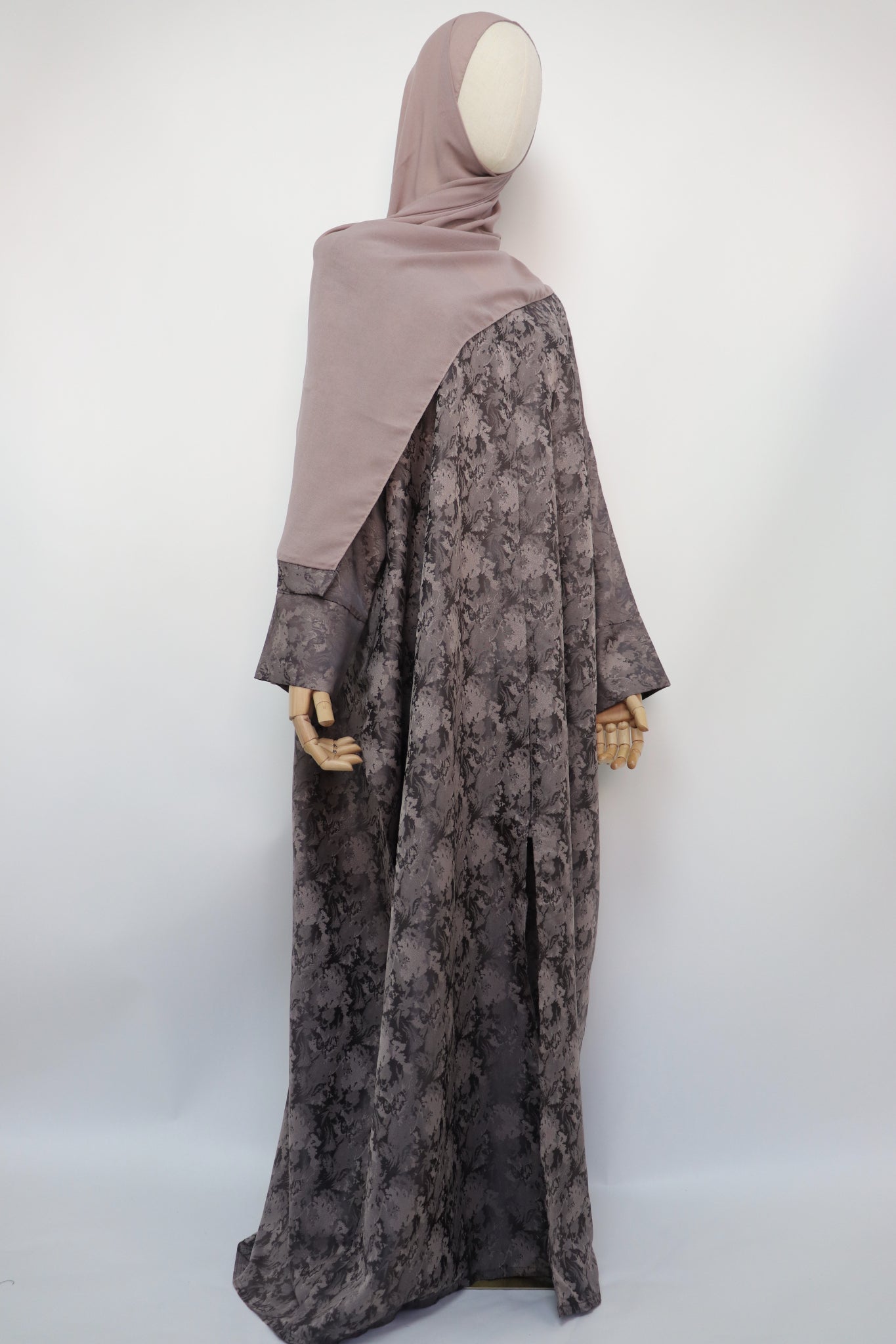 Open Bisht Batwing Satin Jacquard Abaya - Deep Taupe