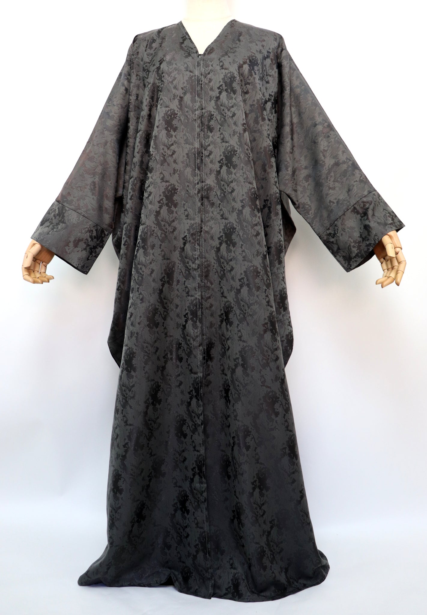 Open Bisht Batwing Satin Jacquard Abaya - Charcoal