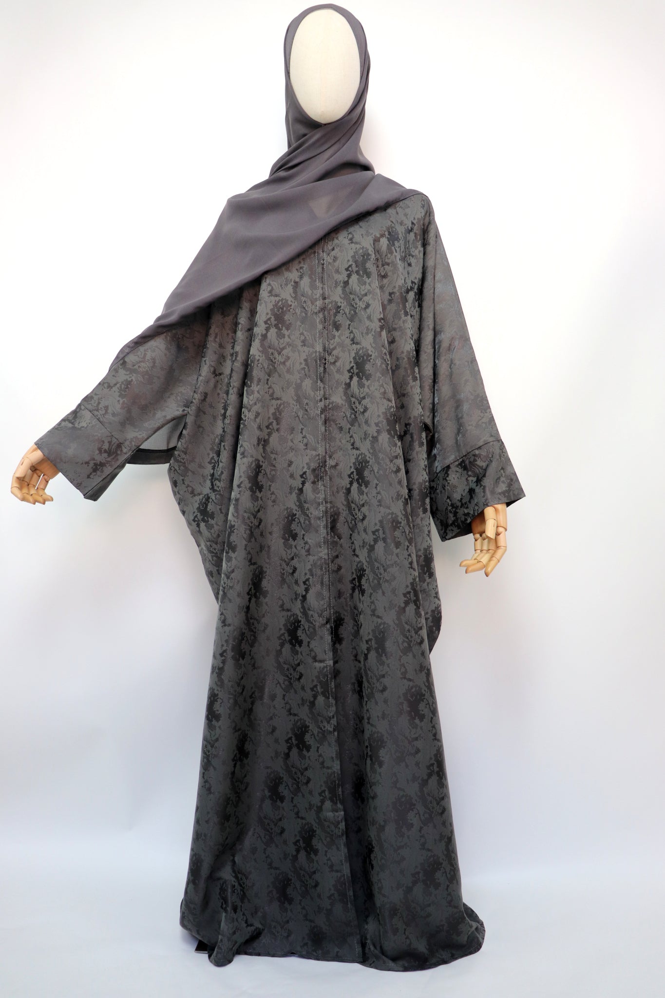 Open Bisht Batwing Satin Jacquard Abaya - Charcoal