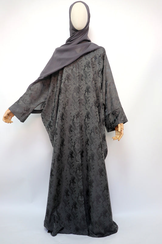 Open Bisht Batwing Satin Jacquard Abaya - Charcoal