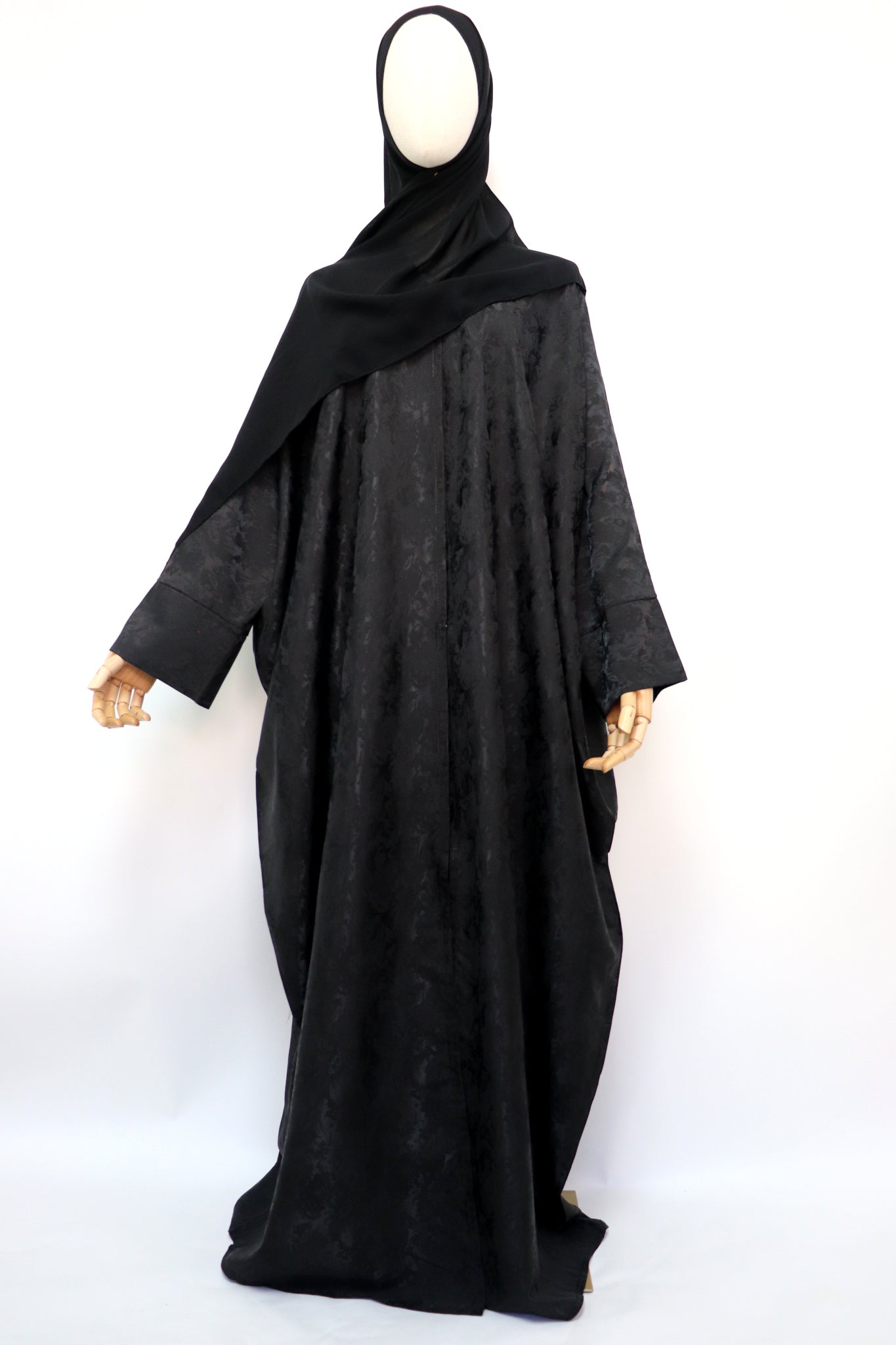 Open Bisht Batwing Satin Jacquard Abaya - Black