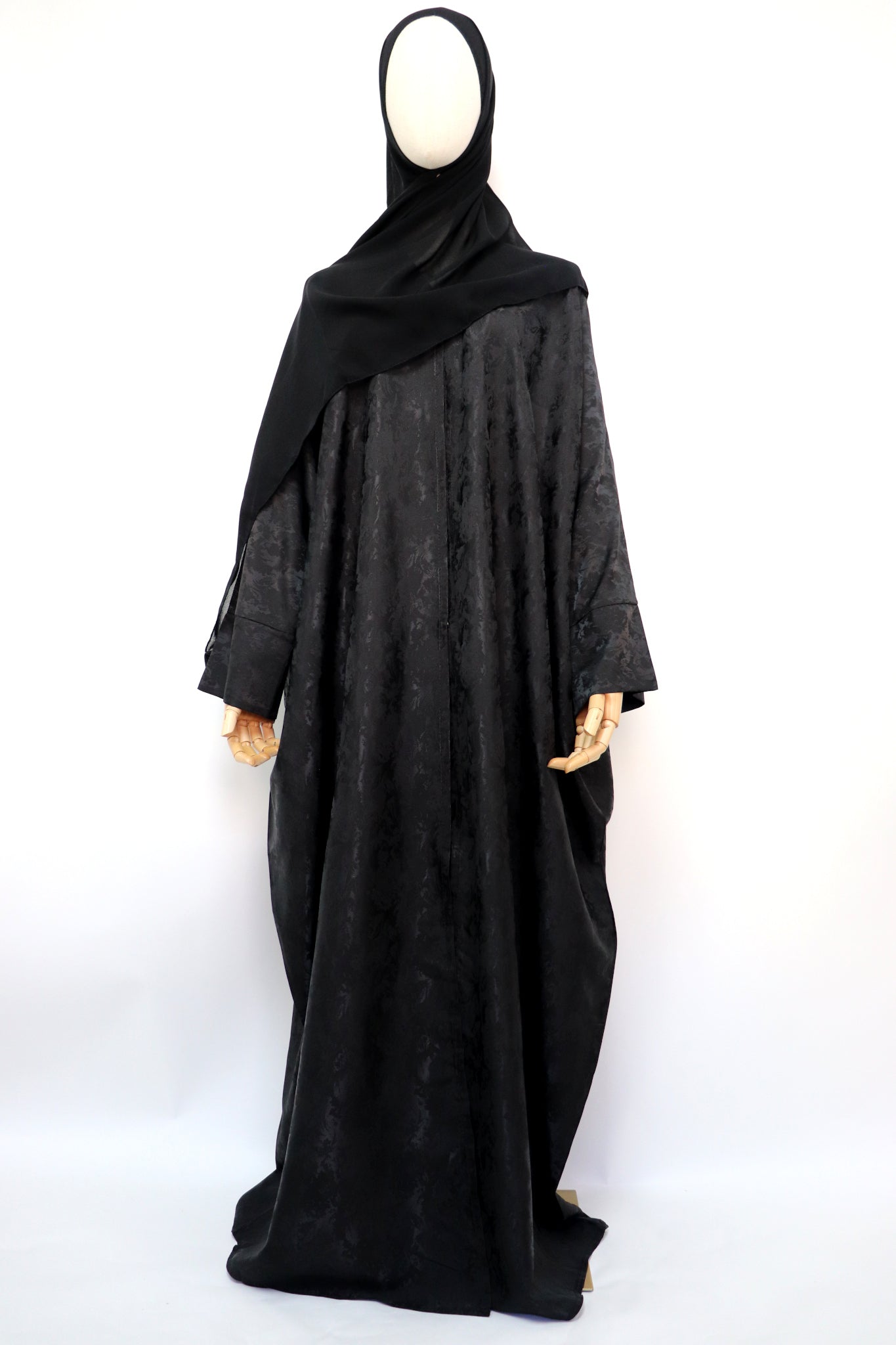 Open Bisht Batwing Satin Jacquard Abaya - Black