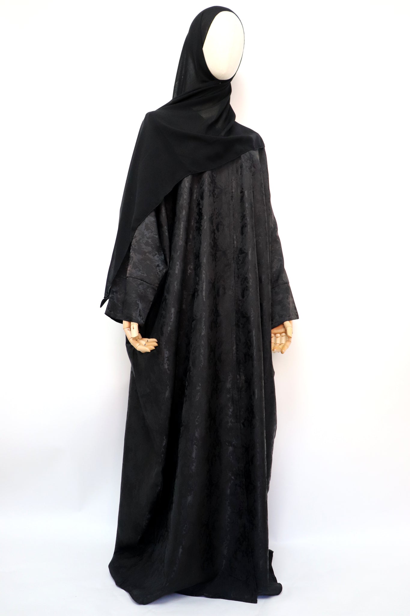 Open Bisht Batwing Satin Jacquard Abaya - Black