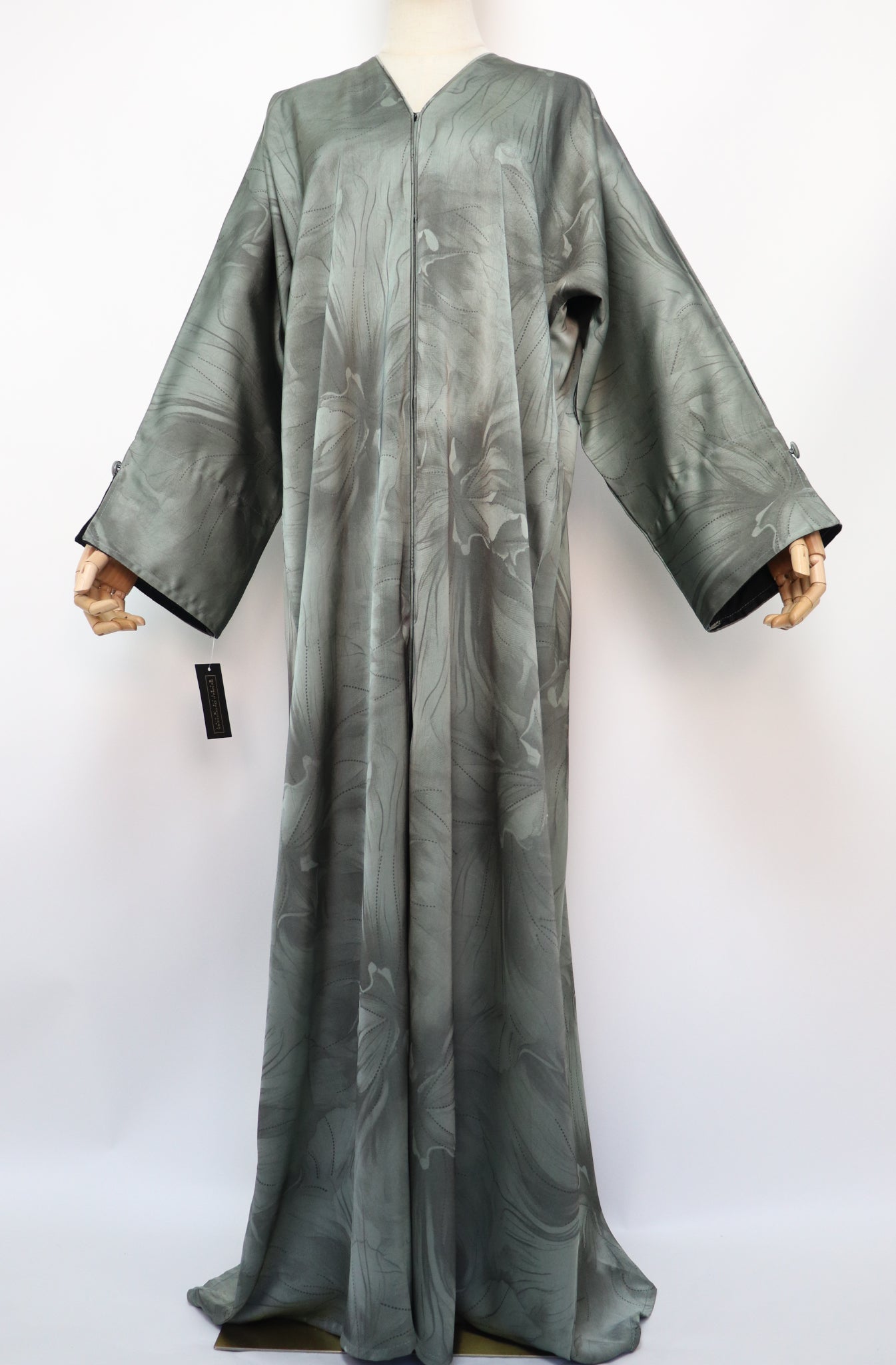Open Slit Cuffs Print Jacquard Abaya - Light Sage