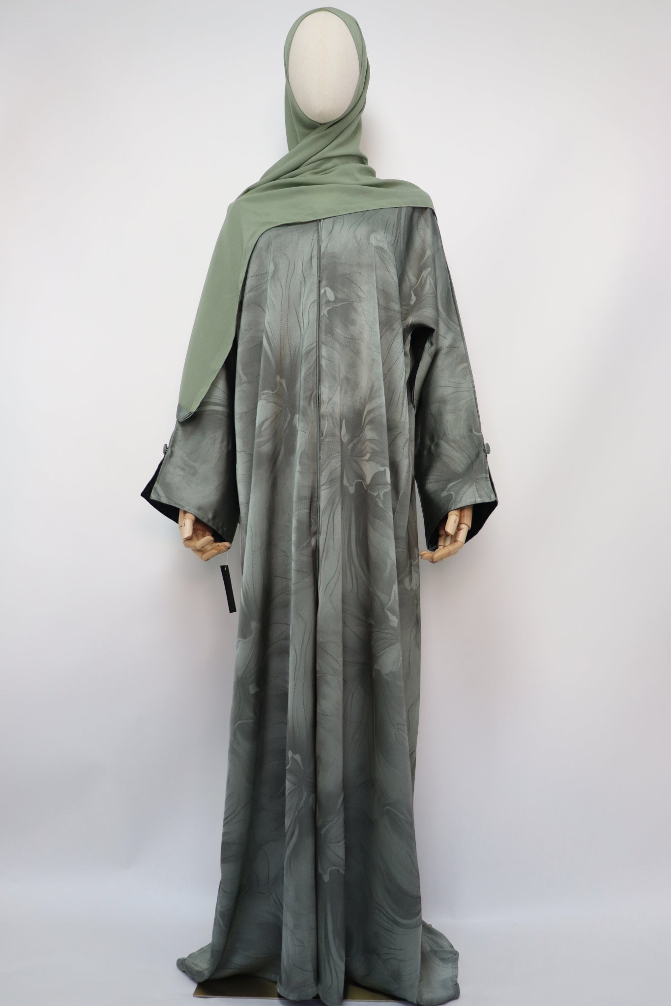 Open Slit Cuffs Print Jacquard Abaya - Light Sage