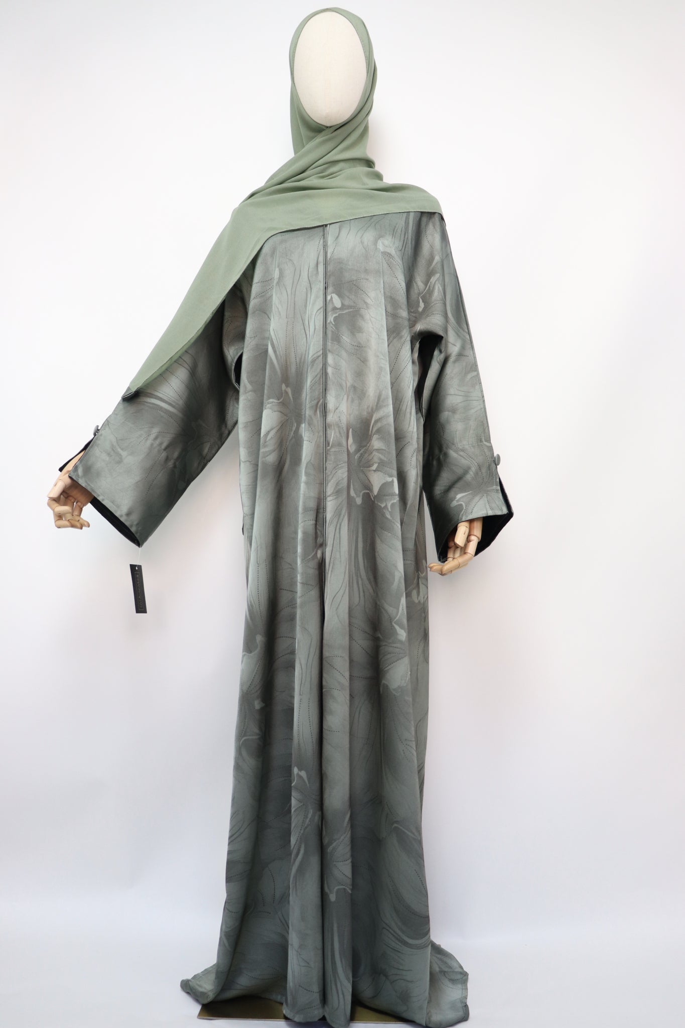 Open Slit Cuffs Print Jacquard Abaya - Light Sage