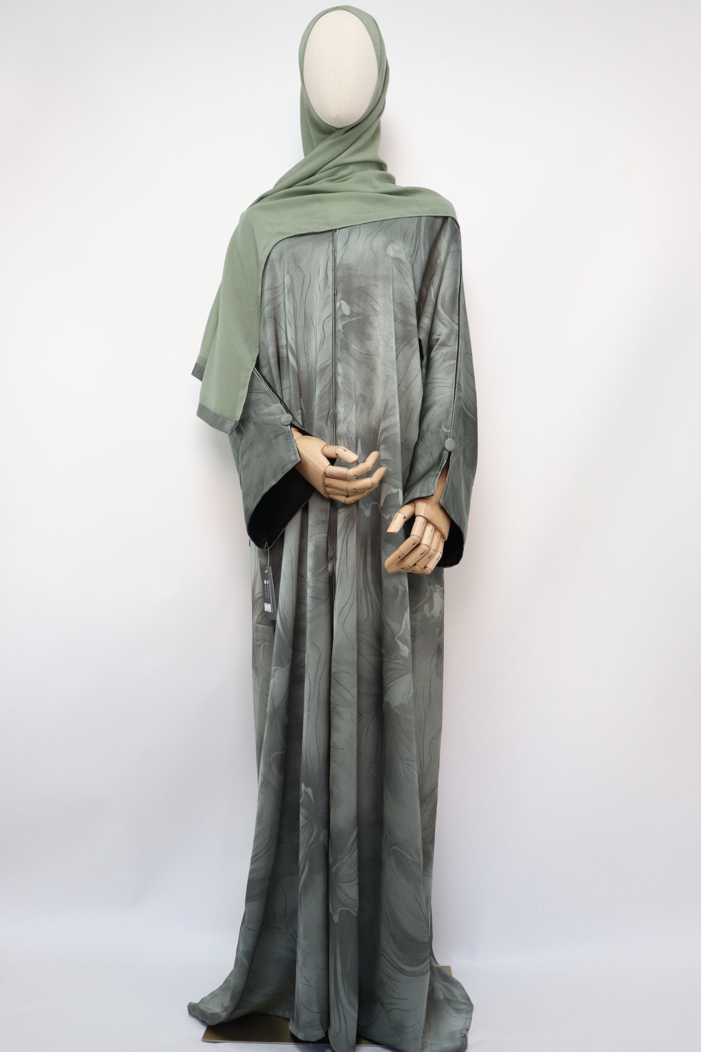Open Slit Cuffs Print Jacquard Abaya - Light Sage