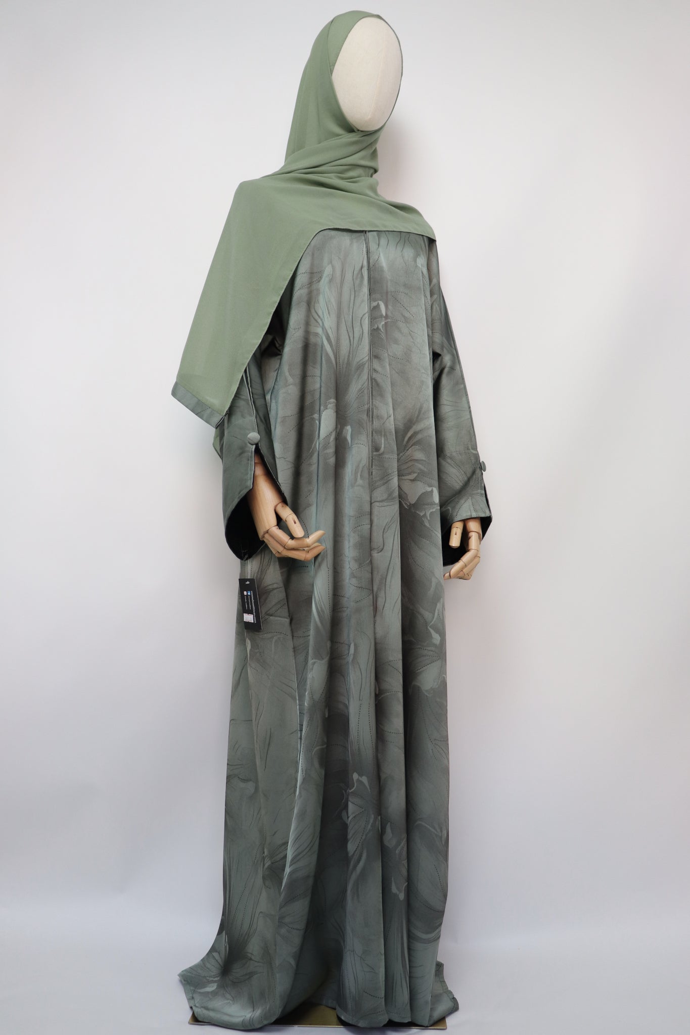 Open Slit Cuffs Print Jacquard Abaya - Light Sage