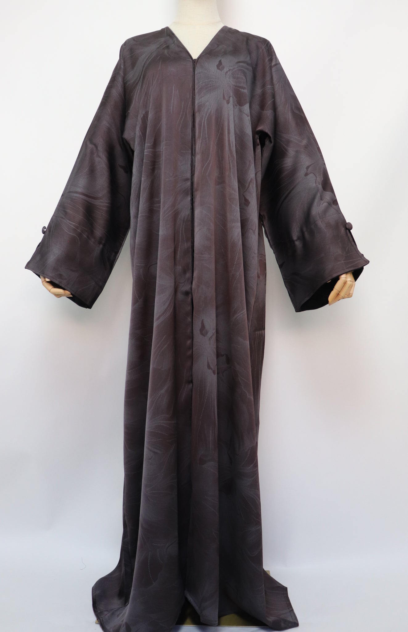 Open Slit Cuffs Print Jacquard Abaya - Gray / Brown