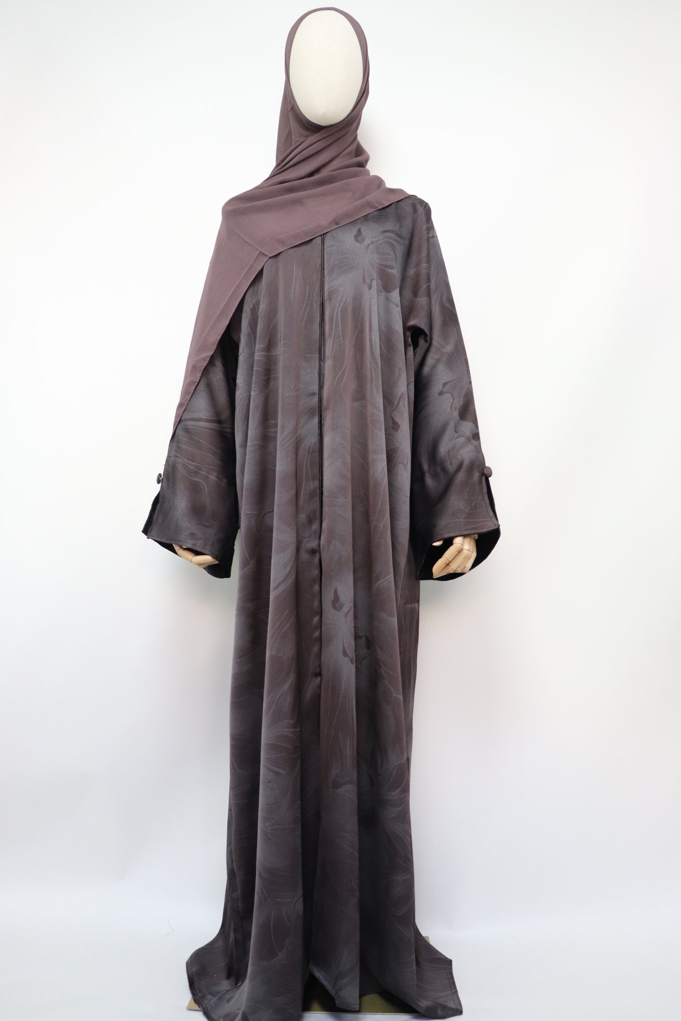 Open Slit Cuffs Print Jacquard Abaya - Gray / Brown
