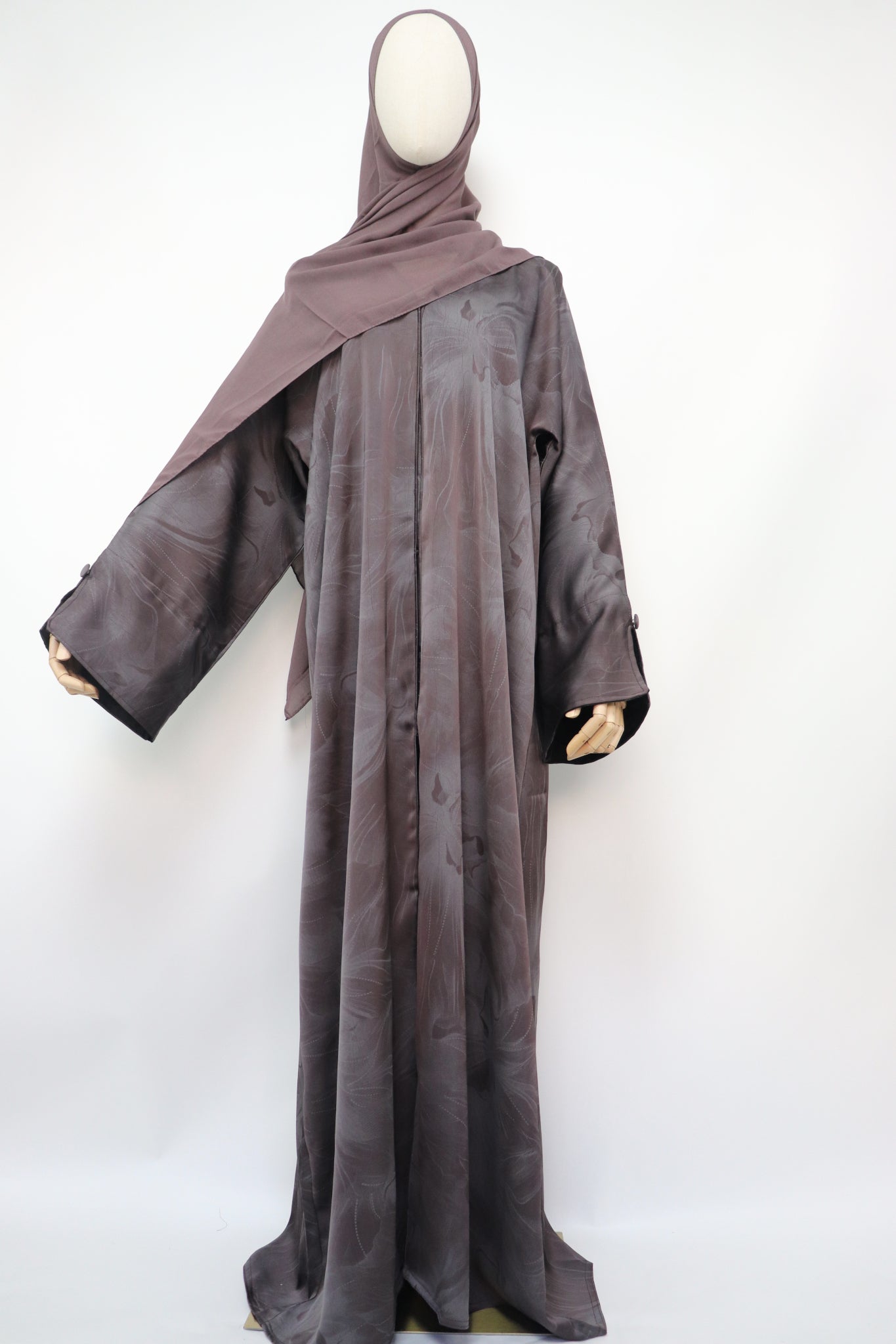Open Slit Cuffs Print Jacquard Abaya - Gray / Brown