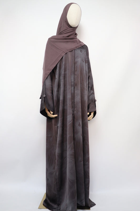 Open Slit Cuffs Print Jacquard Abaya - Gray / Brown