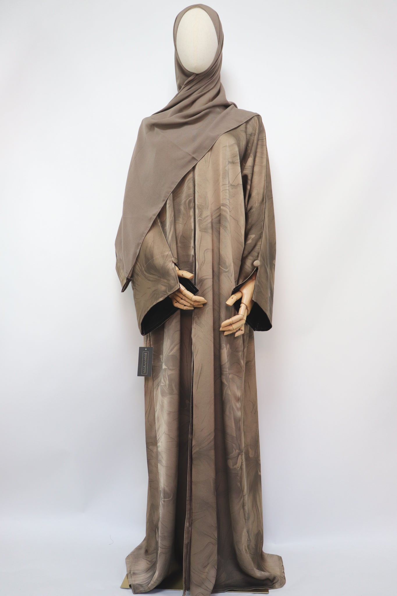 Open Slit Cuffs Print Jacquard Abaya - Mocha