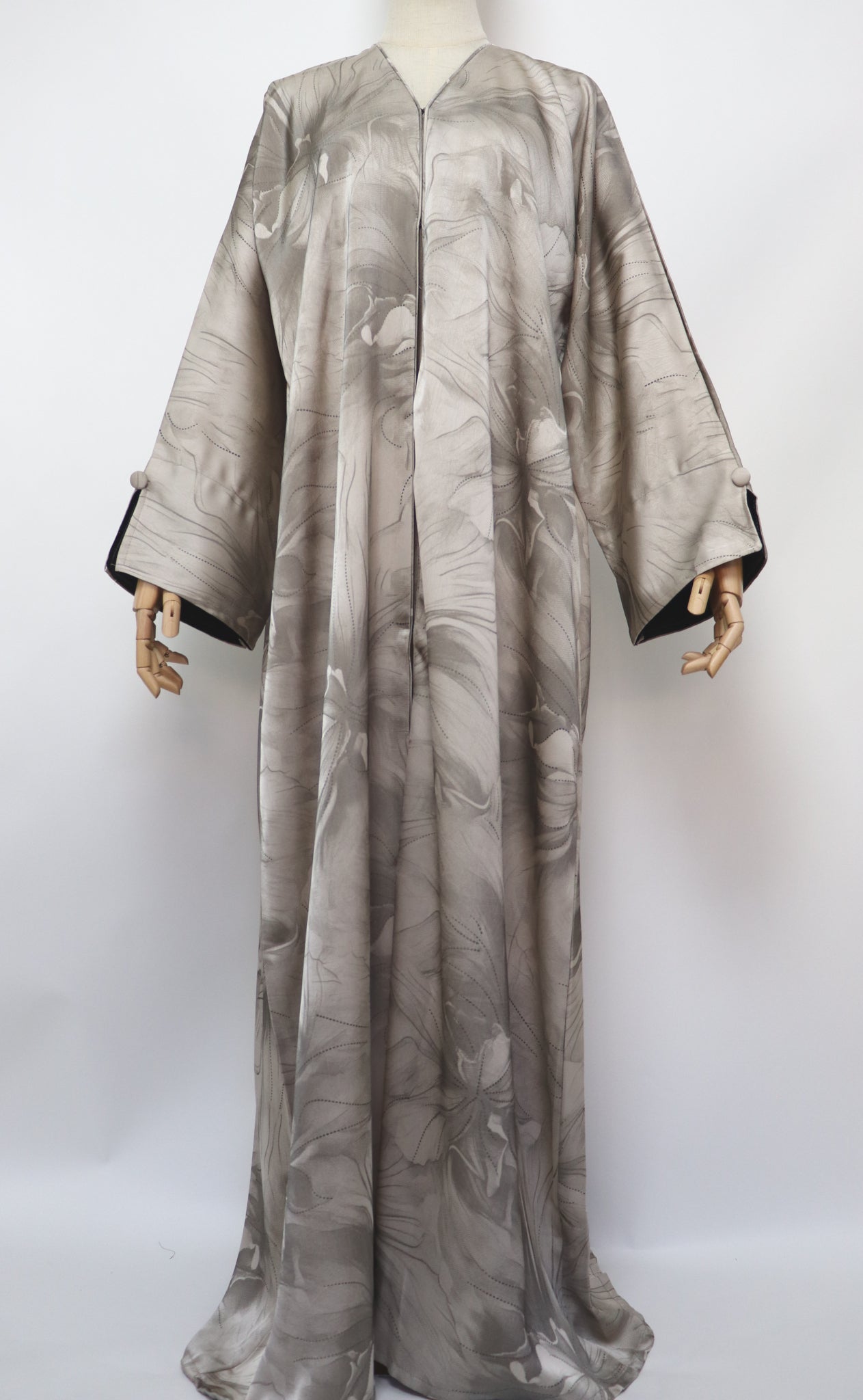 Open Slit Cuffs Print Jacquard Abaya - Almond