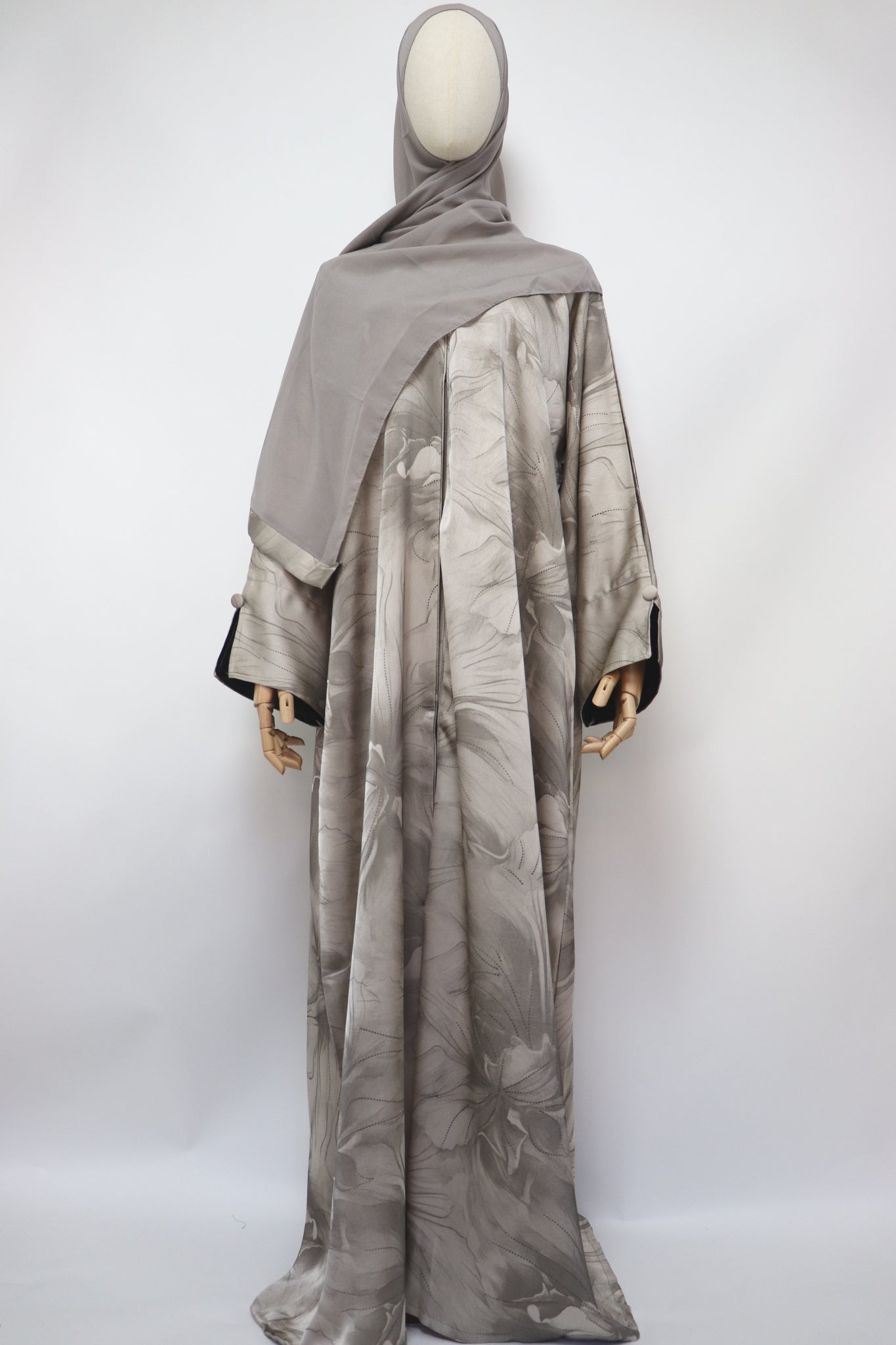 Open Slit Cuffs Print Jacquard Abaya - Almond