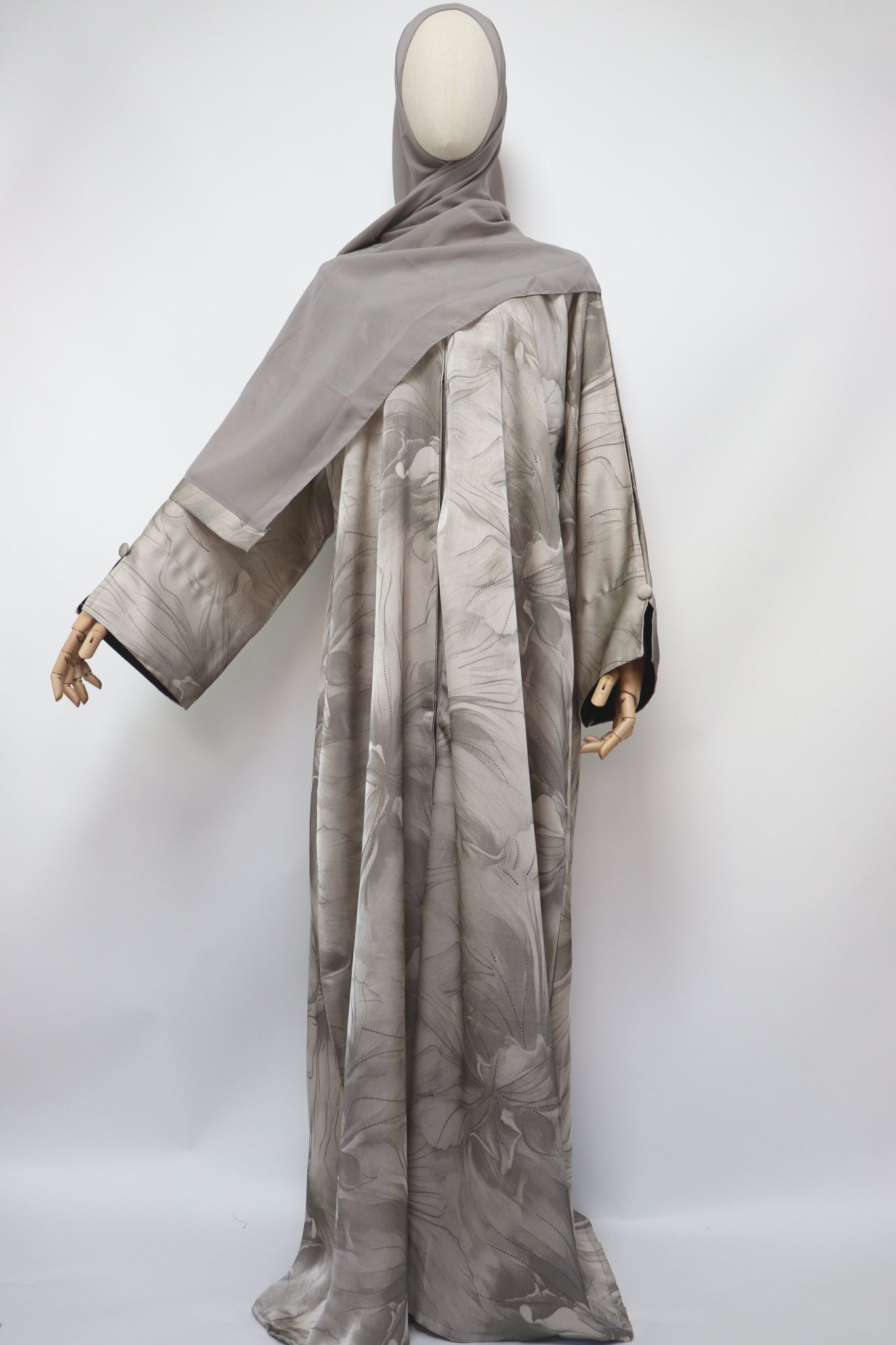 Open Slit Cuffs Print Jacquard Abaya - Almond