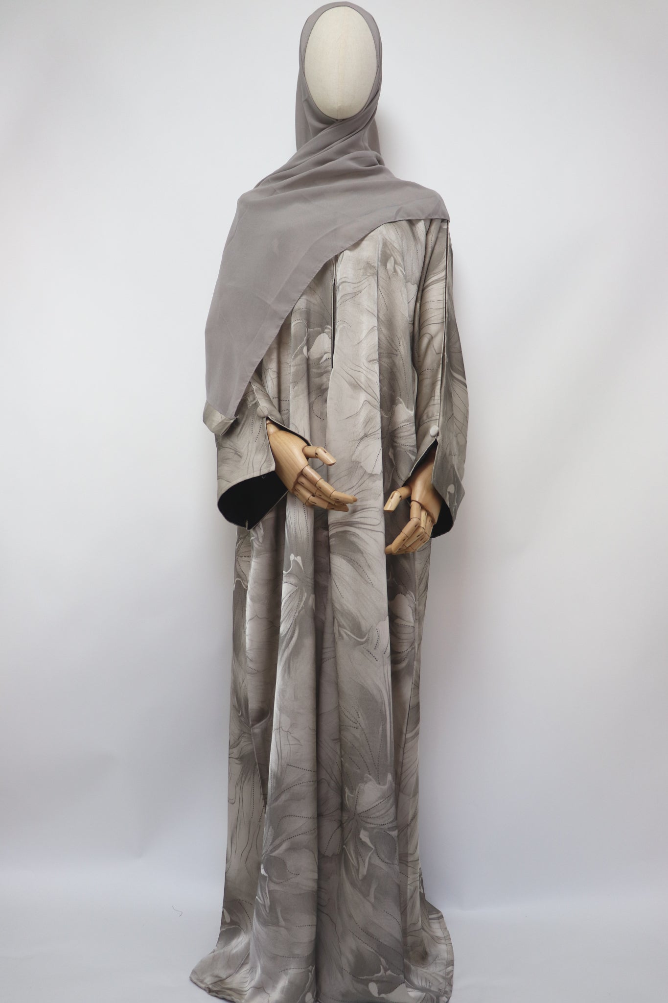Open Slit Cuffs Print Jacquard Abaya - Almond