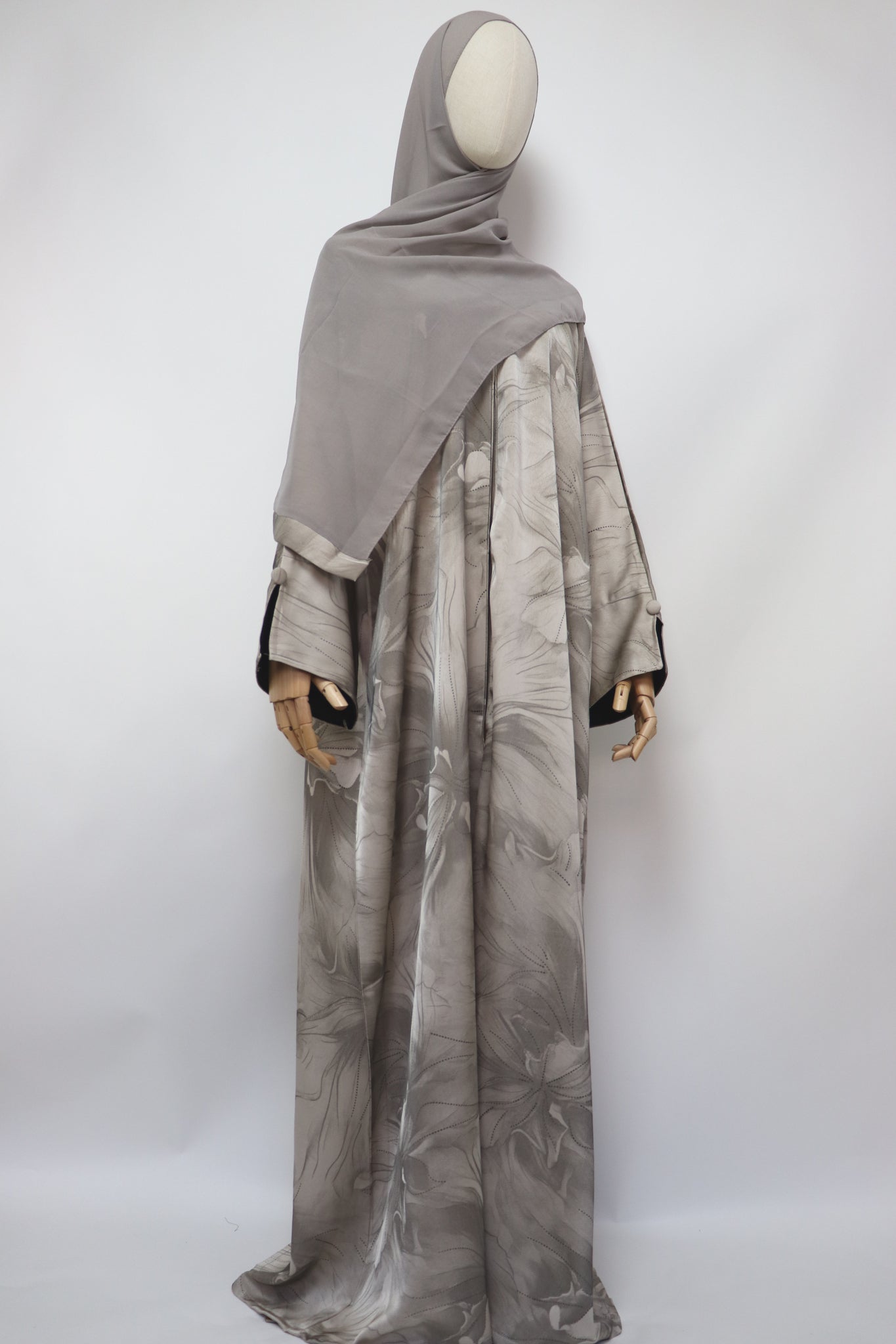 Open Slit Cuffs Print Jacquard Abaya - Almond