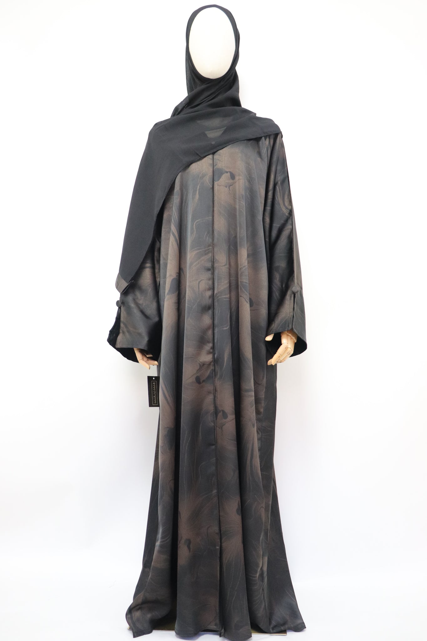 Open Slit Cuffs Print Jacquard Abaya - Black / Brown