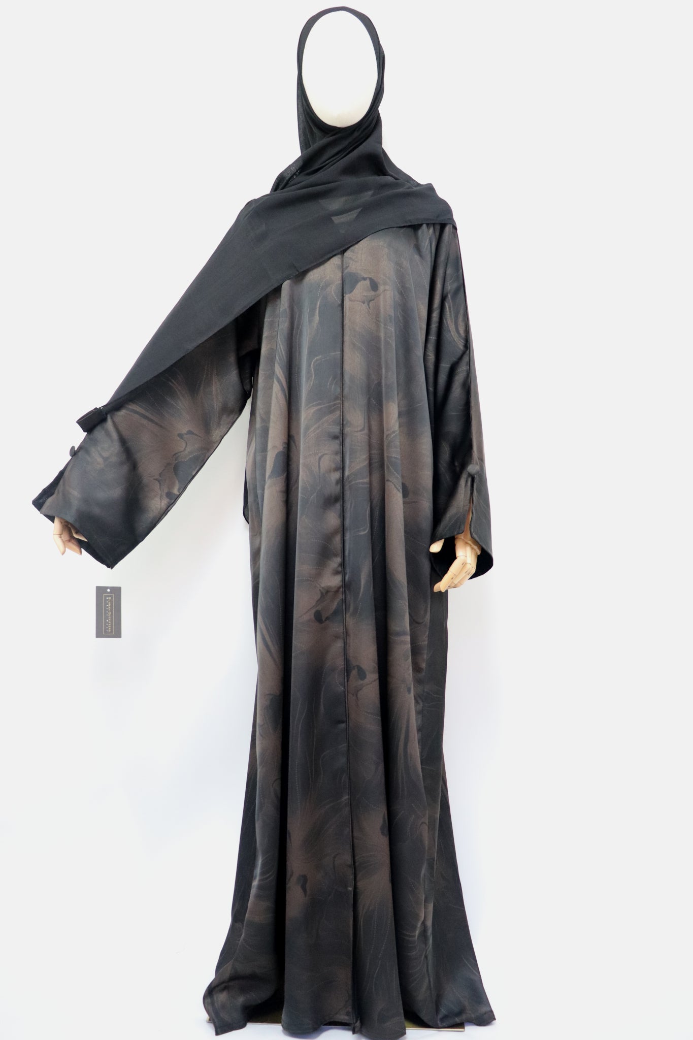 Open Slit Cuffs Print Jacquard Abaya - Black / Brown
