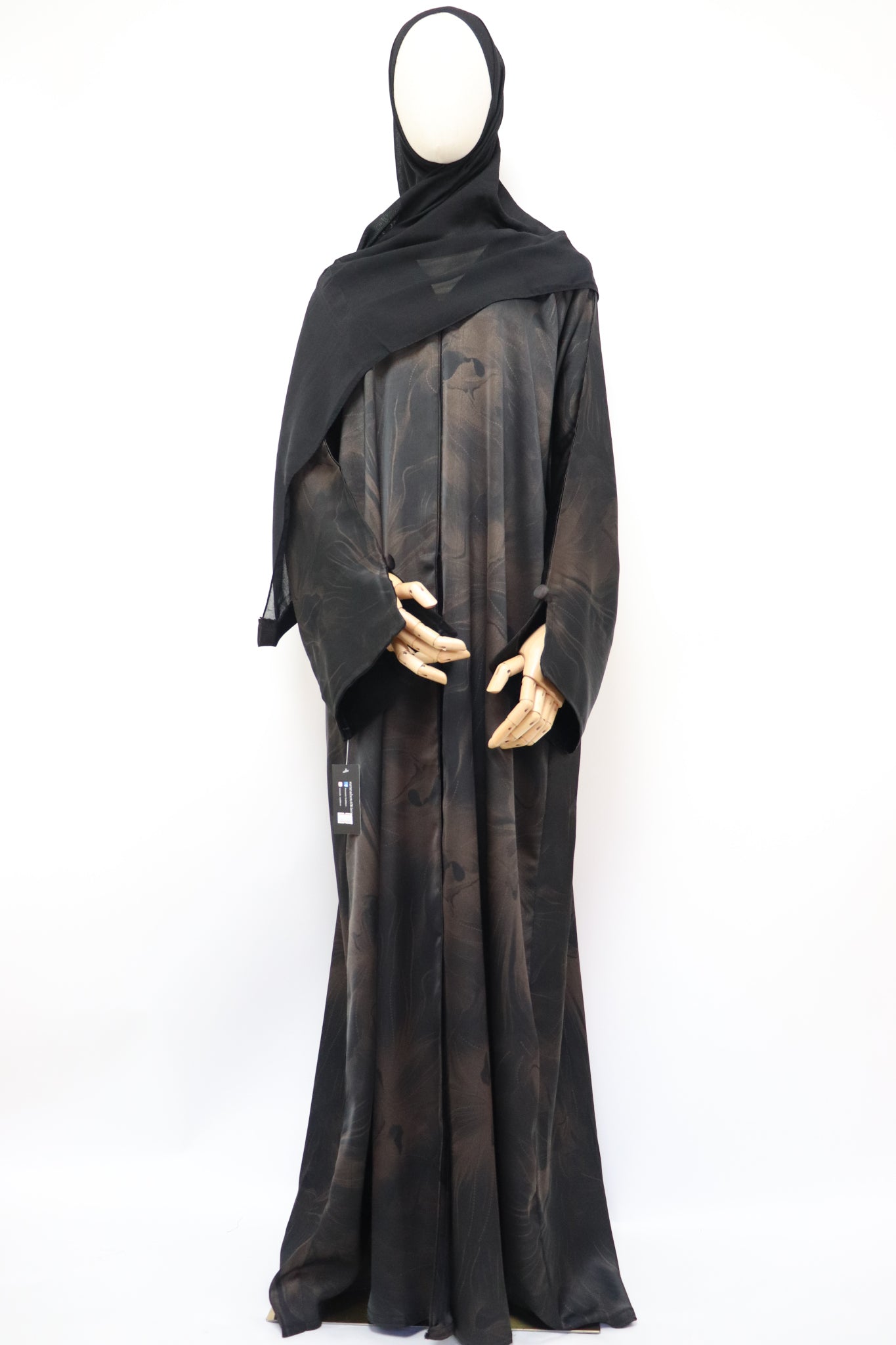Open Slit Cuffs Print Jacquard Abaya - Black / Brown
