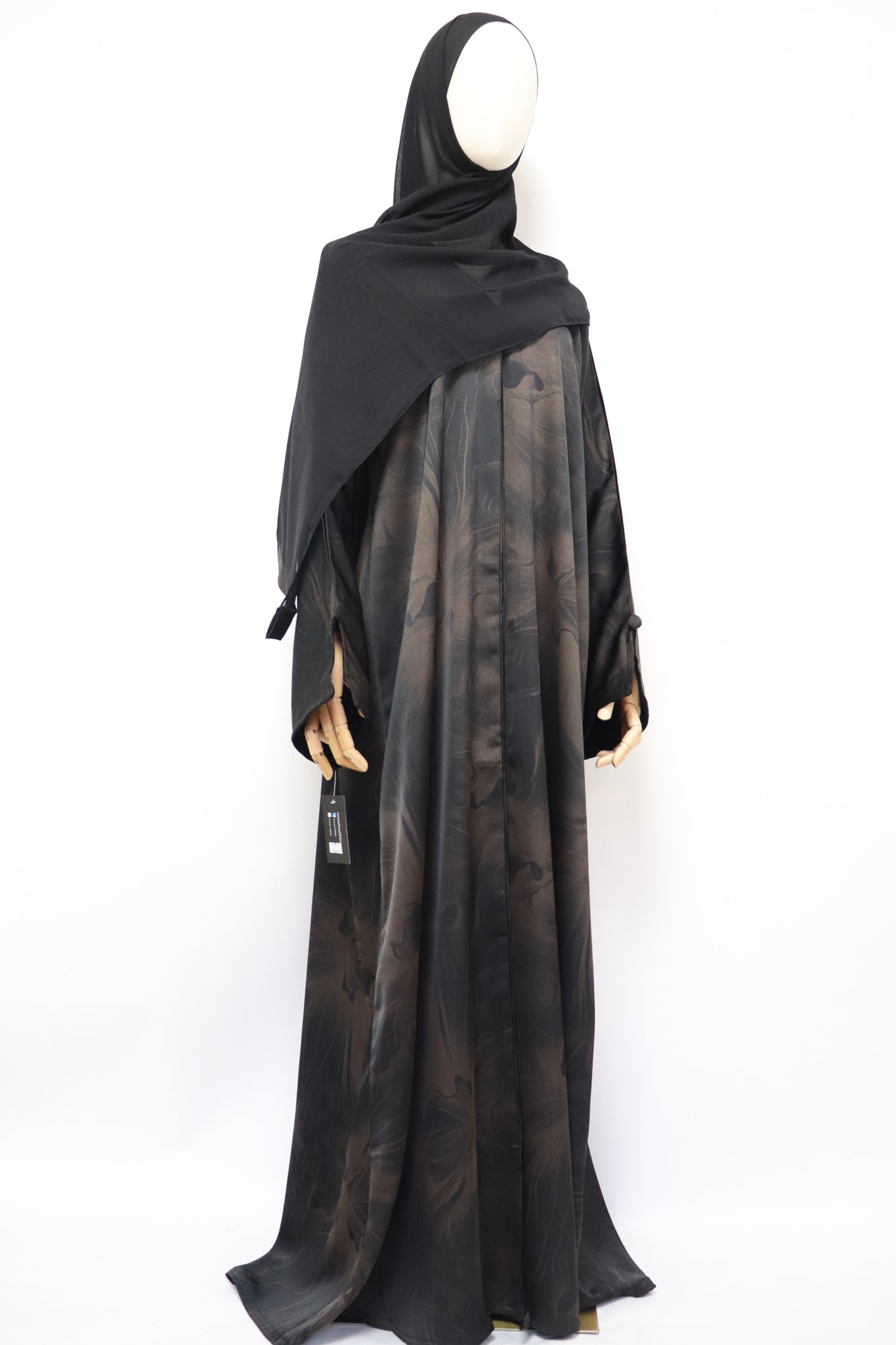 Open Slit Cuffs Print Jacquard Abaya - Black / Brown