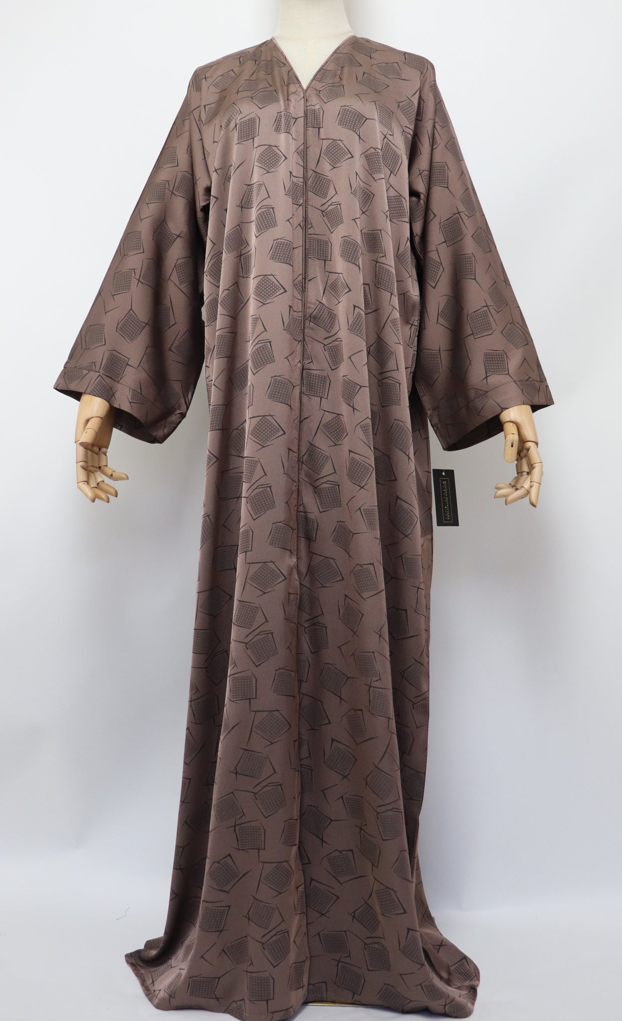 Open Kimono Satin Jacquard Abaya - Toffee