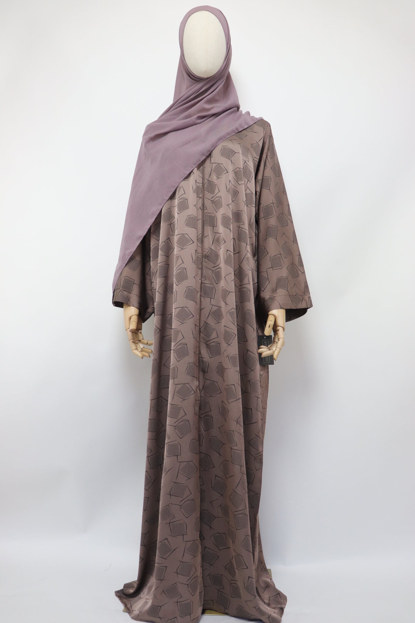 Open Kimono Satin Jacquard Abaya - Toffee