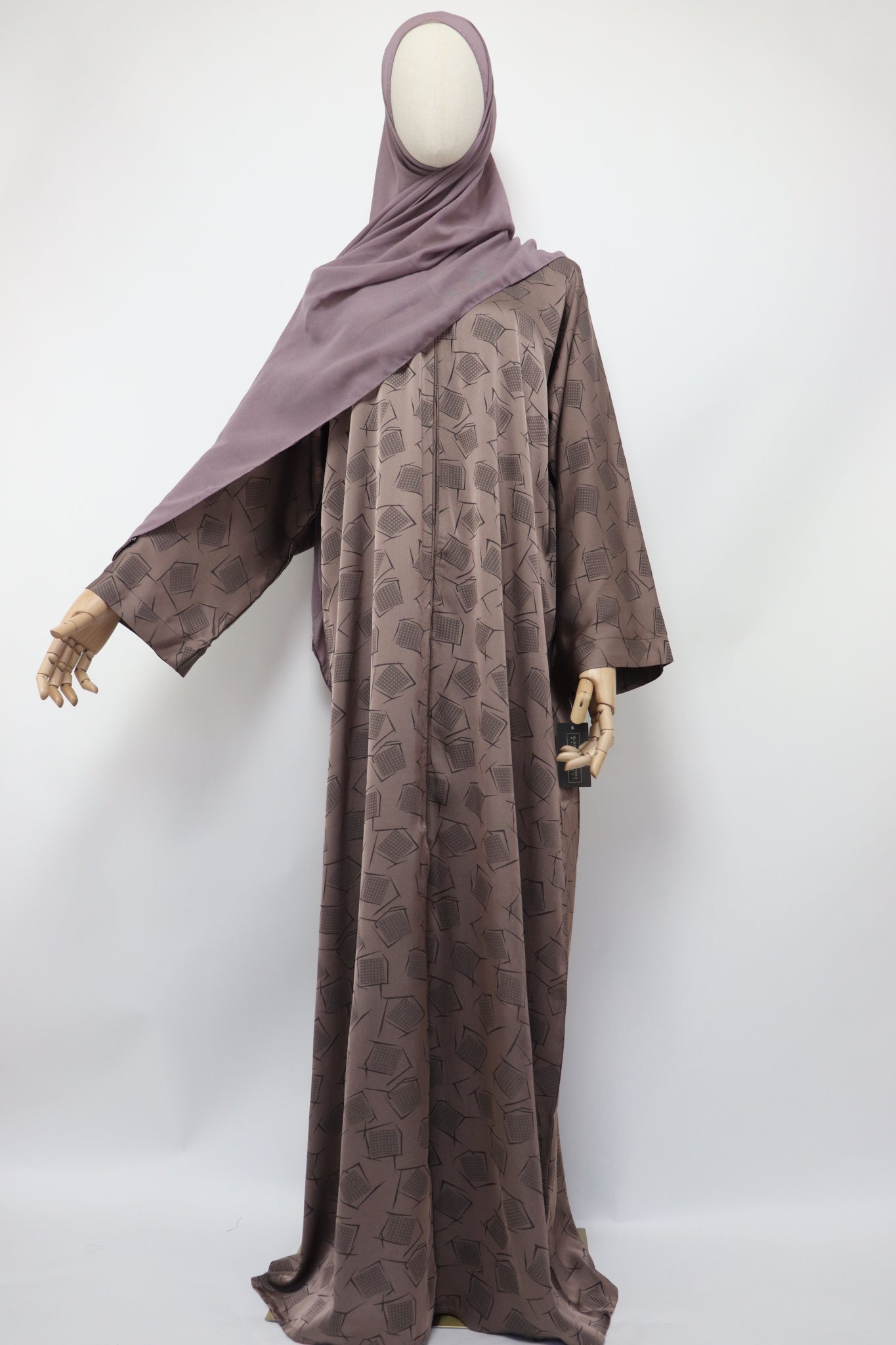 Open Kimono Satin Jacquard Abaya - Toffee