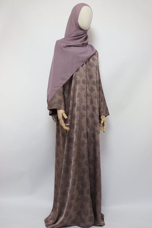 Open Kimono Satin Jacquard Abaya - Toffee