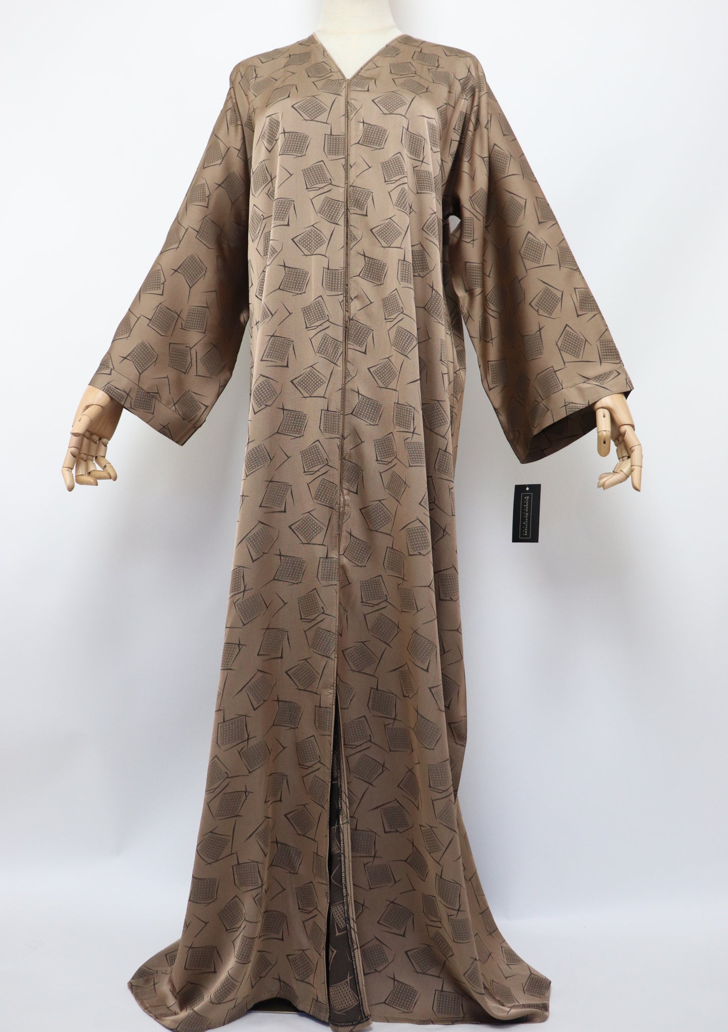 Open Kimono Satin Jacquard Abaya - Mocha