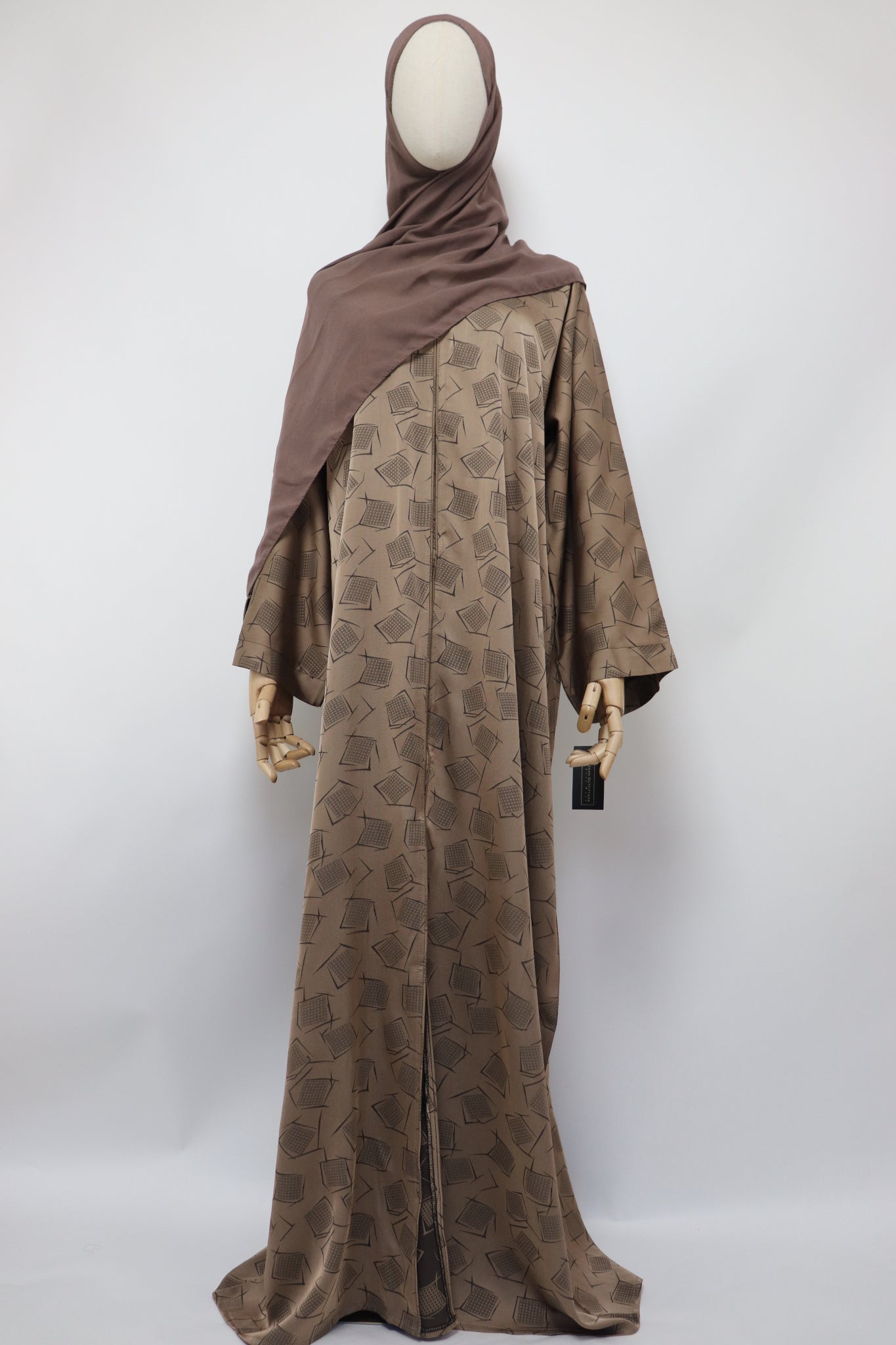 Open Kimono Satin Jacquard Abaya - Mocha