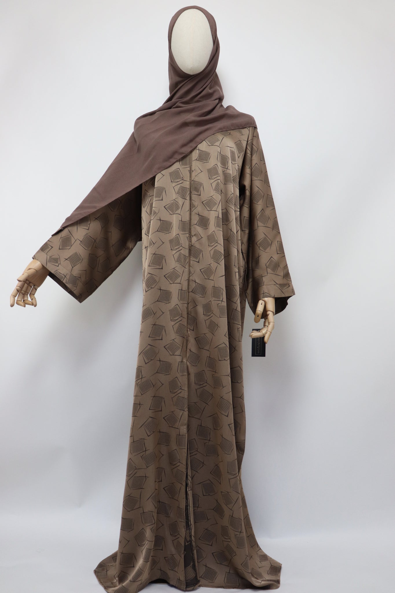 Open Kimono Satin Jacquard Abaya - Mocha