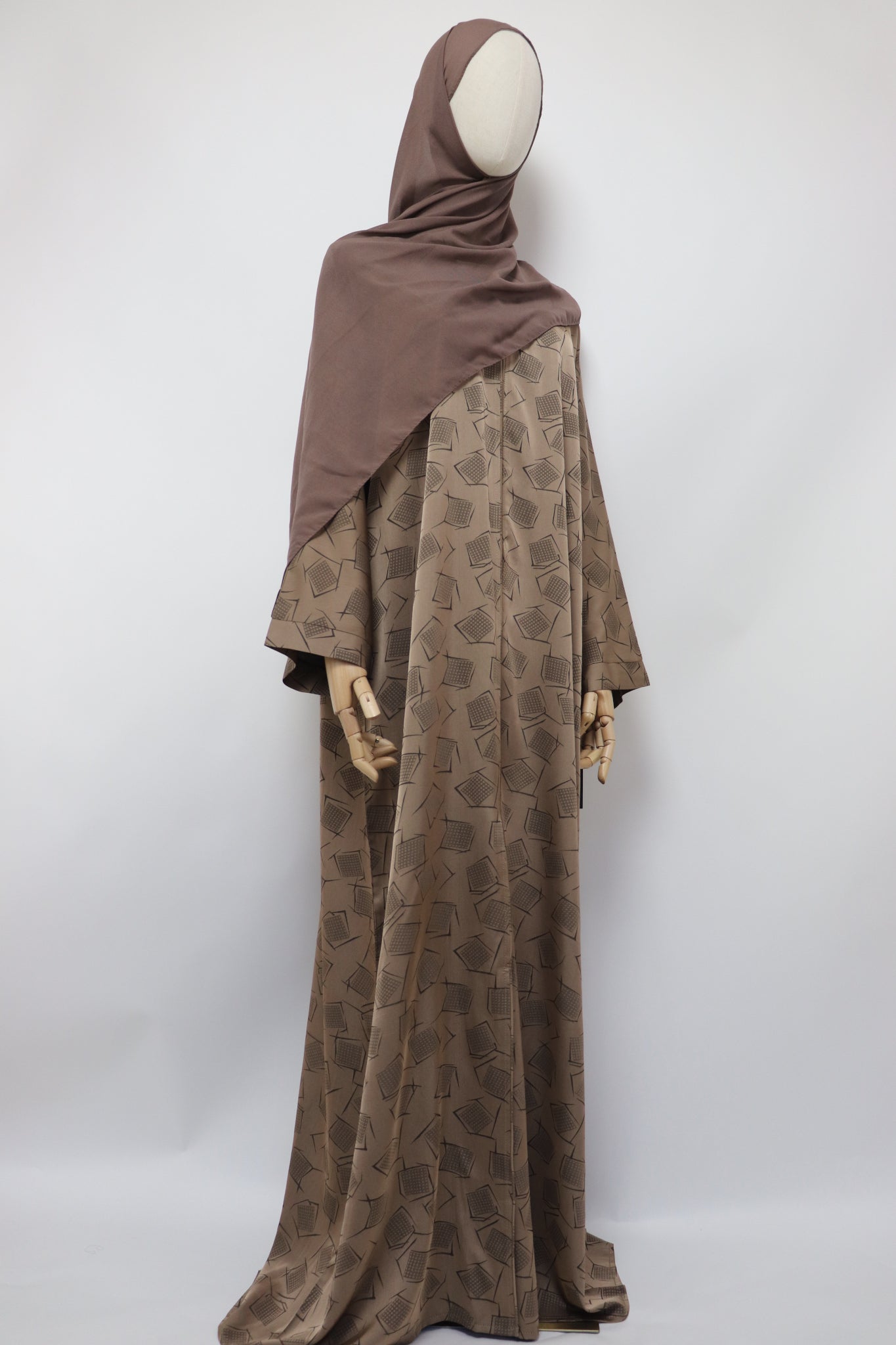 Open Kimono Satin Jacquard Abaya - Mocha