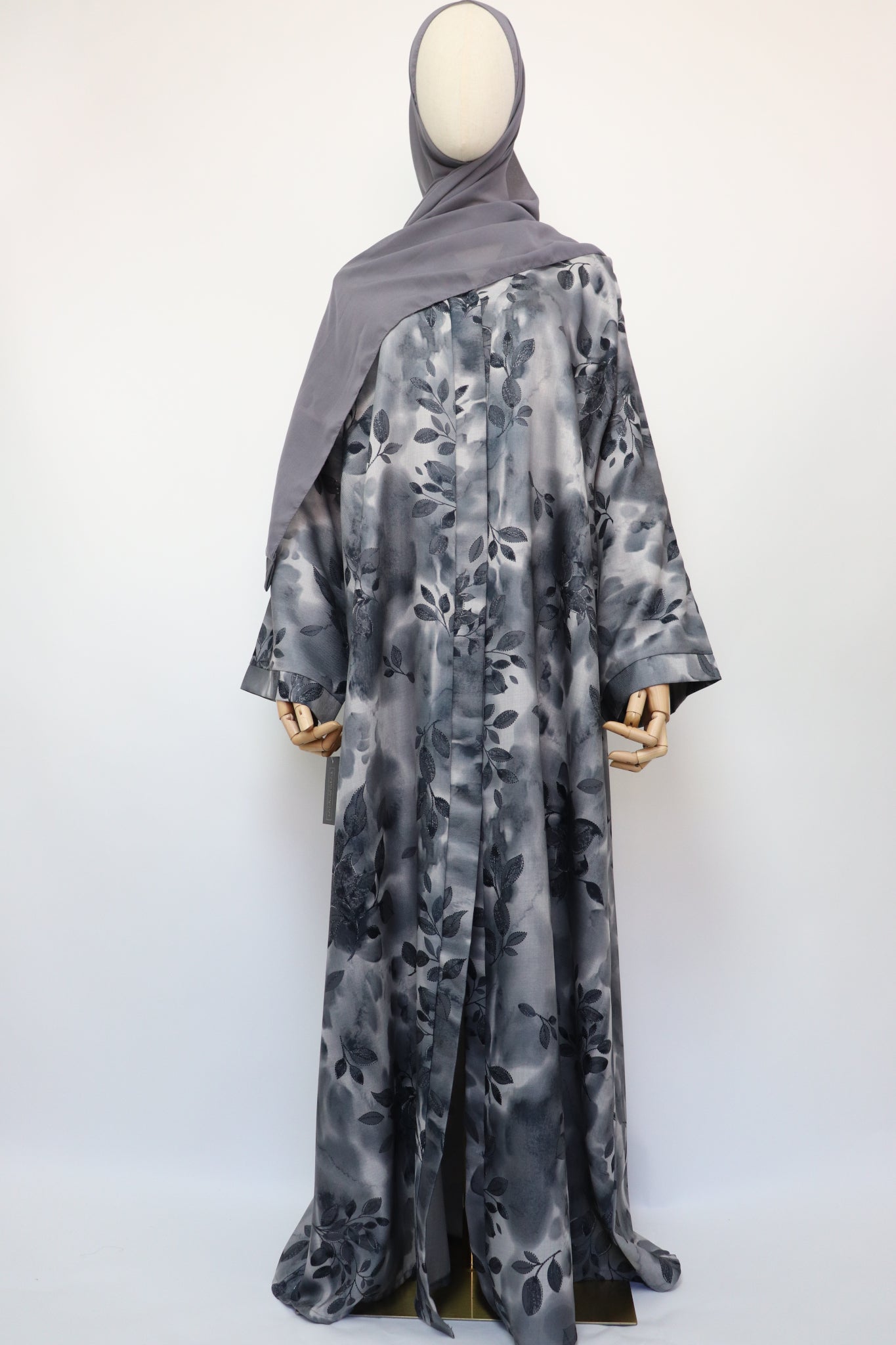Linen Print Open Abaya - Gray