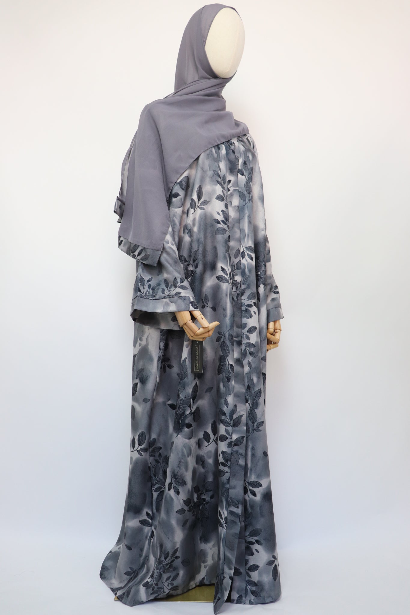 Linen Print Open Abaya - Gray