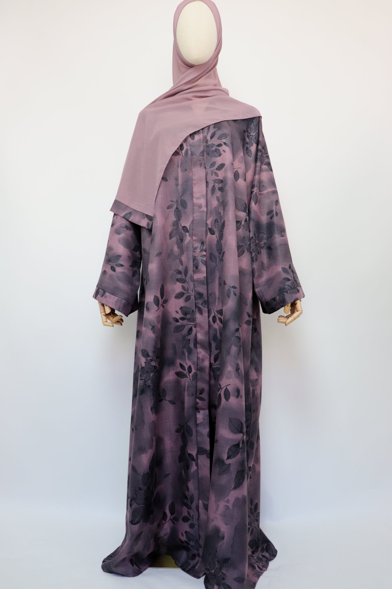 Linen Print Open Abaya - Dusty Purple