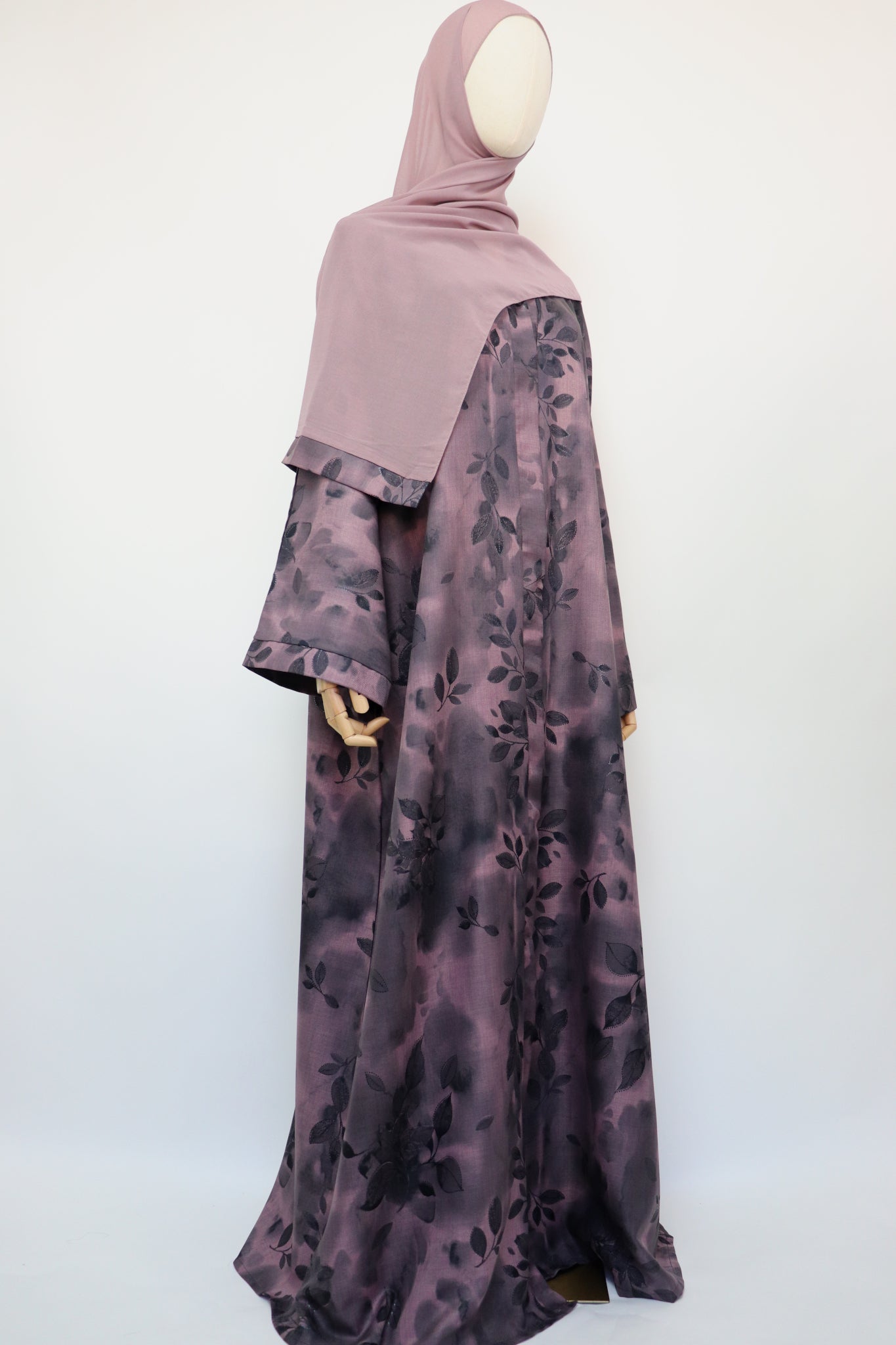 Linen Print Open Abaya - Dusty Purple