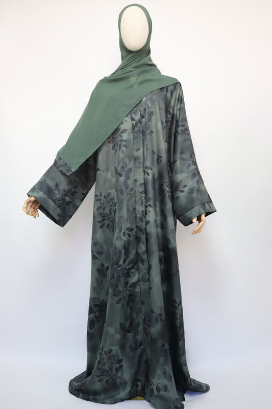 Linen Print Open Abaya - Pine